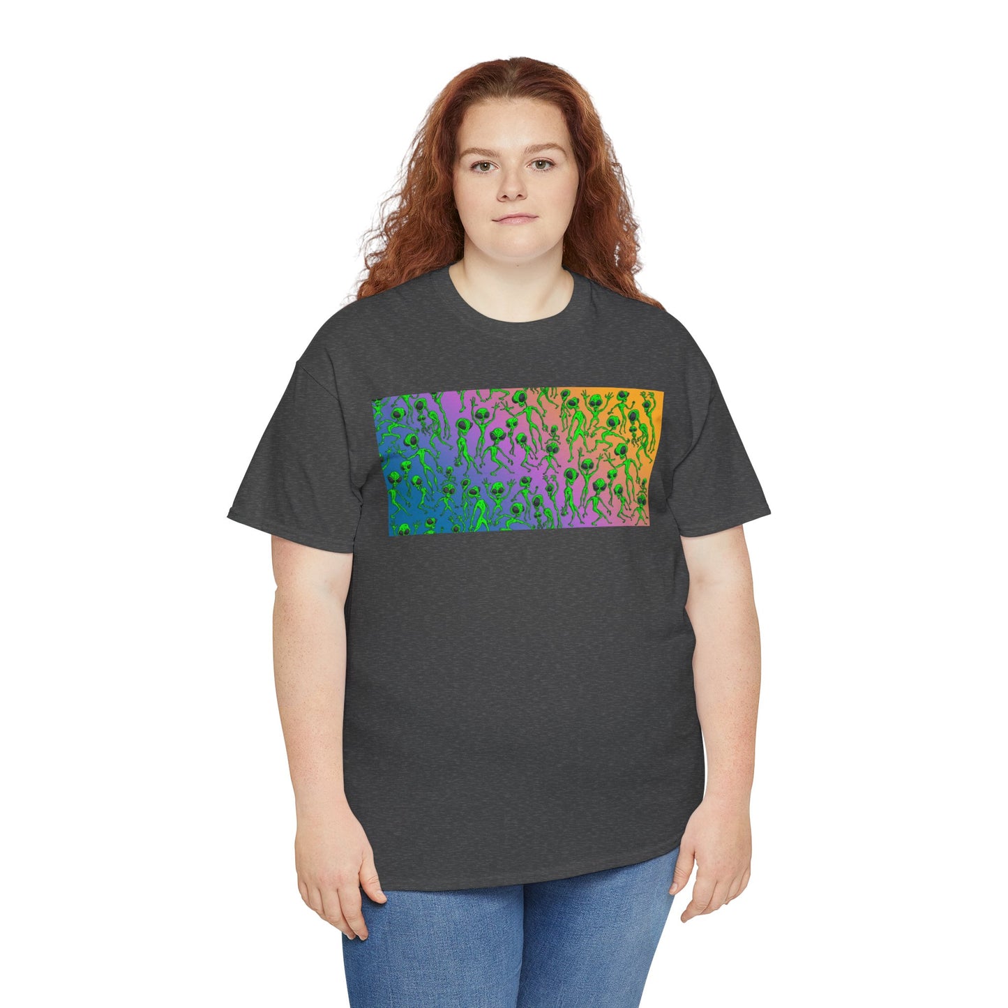 Alien Dance Party Gradient Tee — Colorful Psychedelic Green Aliens Art T-Shirt