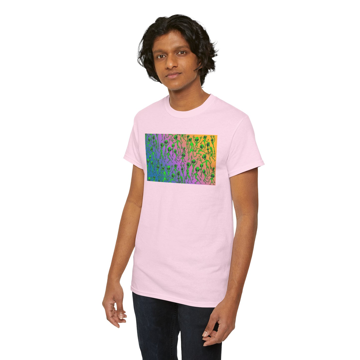 Alien Dance Party Gradient Tee — Colorful Psychedelic Green Aliens Art T-Shirt