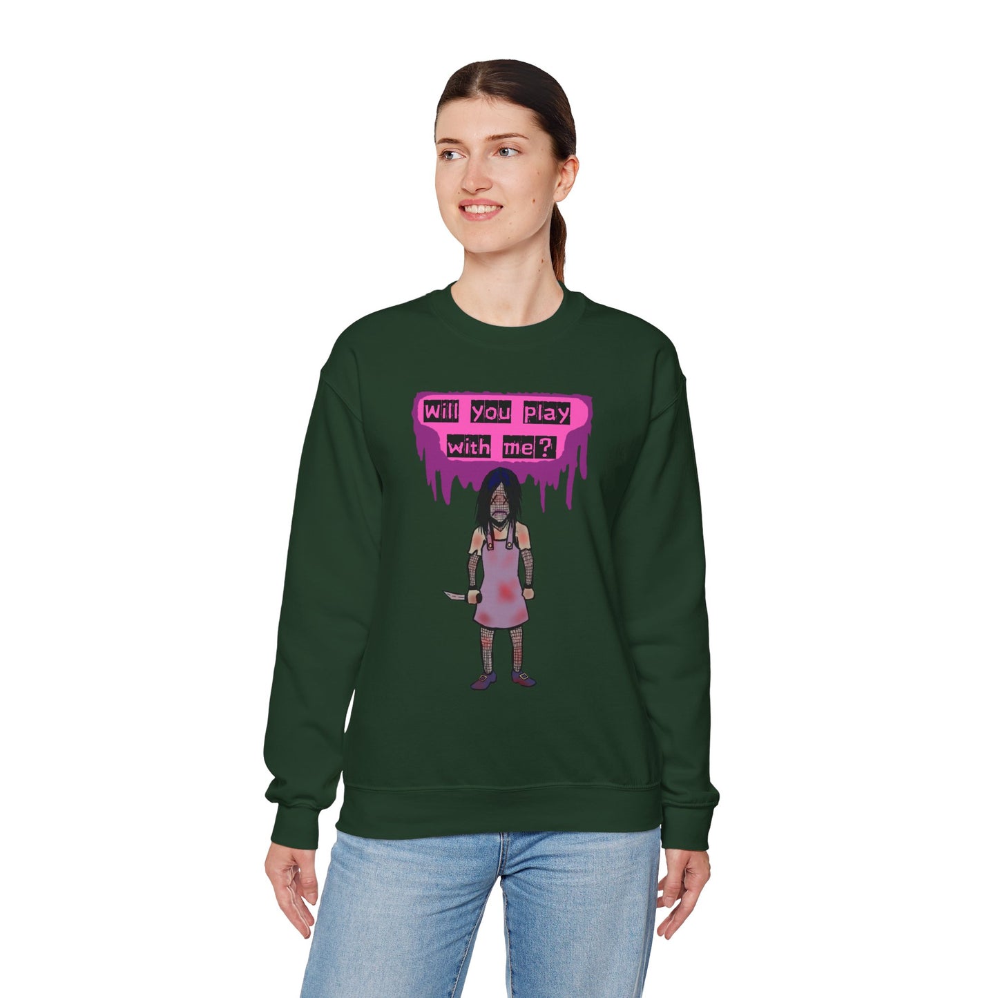 Evil Doll GHOSTLY VINTAGE UNISEX CREWNECK SWEATSHIRT - "Will You Play With Me?"