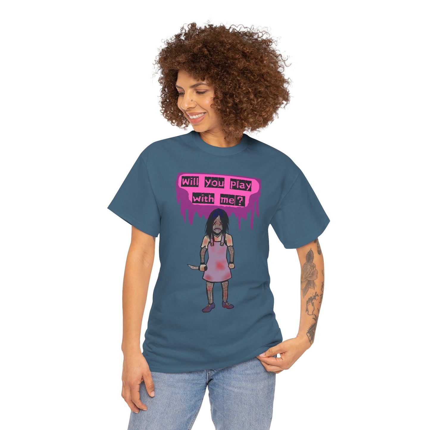 Chilling Evil Doll Horror Tee, Horror T-Shirt, Grey Tee, Unique Graphic Tee, Unisex Tee, Playful Scary Top, Halloween Shirt