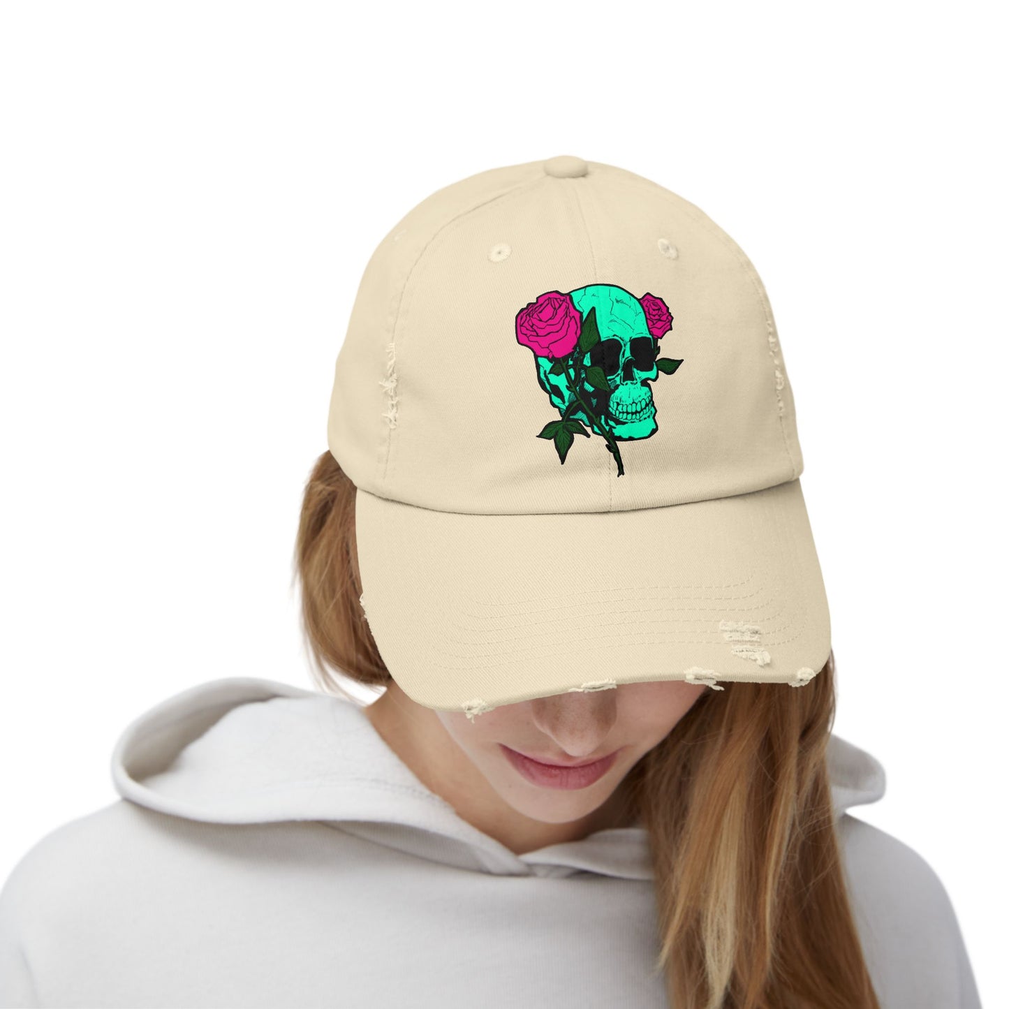 Trendy Distressed Skull Cap with Roses