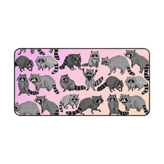 Raccoon Pattern Desk Mat — Cute Pink Gradient Gaming & Office Mouse Pad