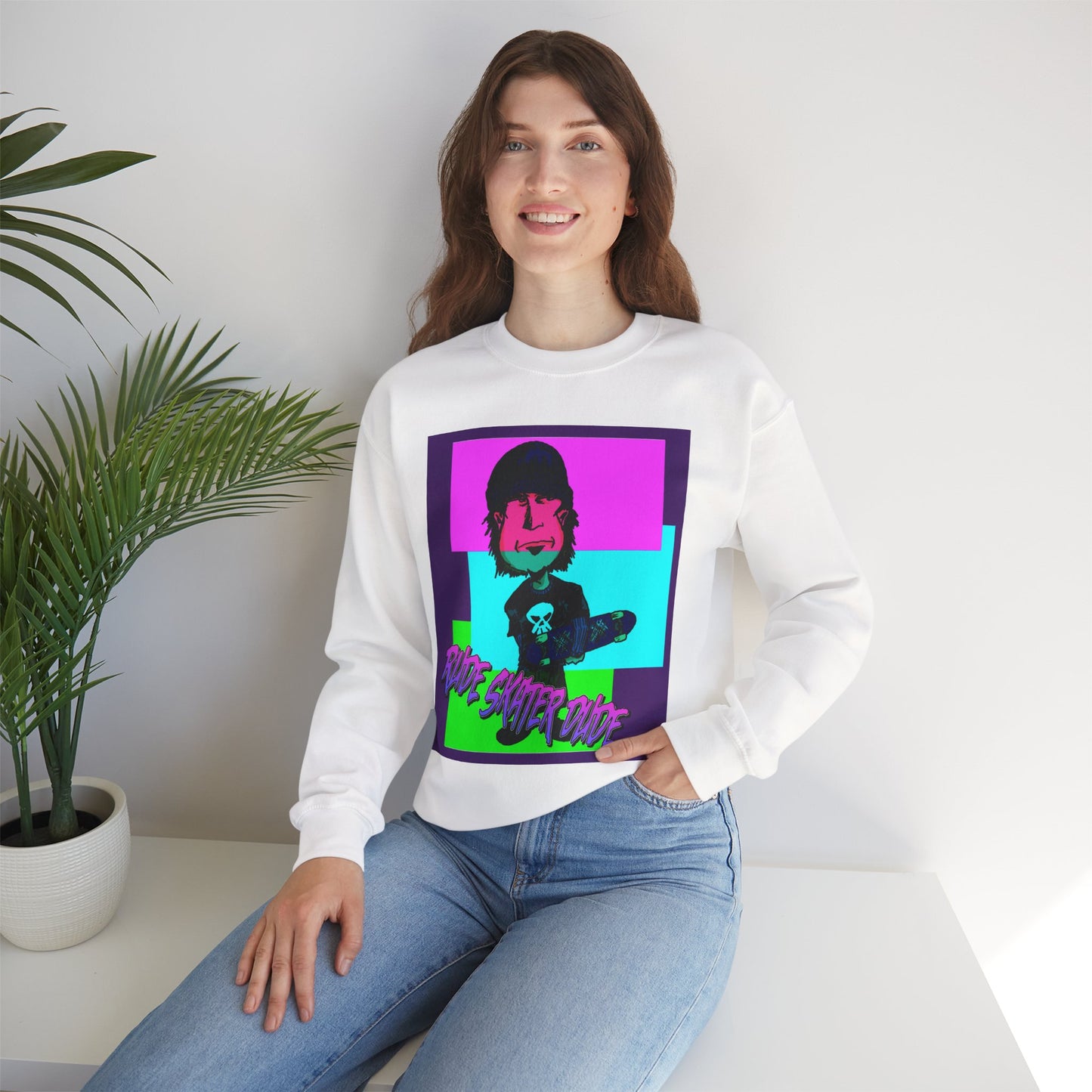 Crewneck Sweatshirt — Retro Neon Skate Punk "Rude Skater Dude" Graphic