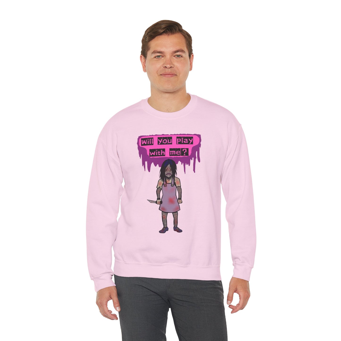 Evil Doll GHOSTLY VINTAGE UNISEX CREWNECK SWEATSHIRT - "Will You Play With Me?"