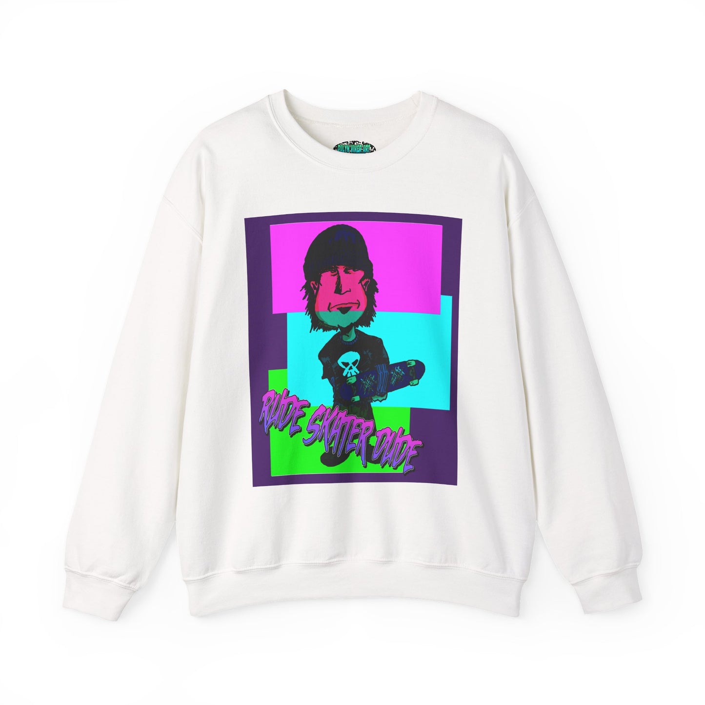 Crewneck Sweatshirt — Retro Neon Skate Punk "Rude Skater Dude" Graphic