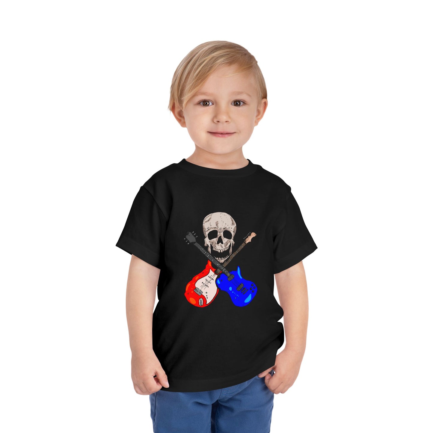 Toddler Tee — Skull with Red & Blue Electric Guitars Rock Shirt