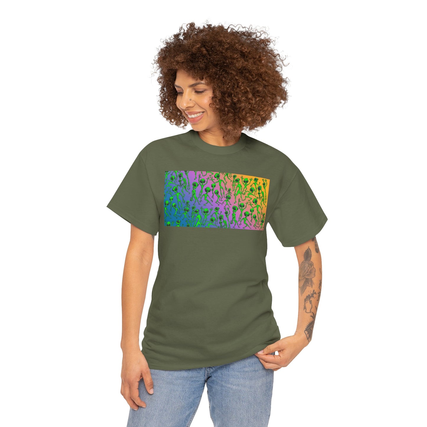 Alien Dance Party Gradient Tee — Colorful Psychedelic Green Aliens Art T-Shirt