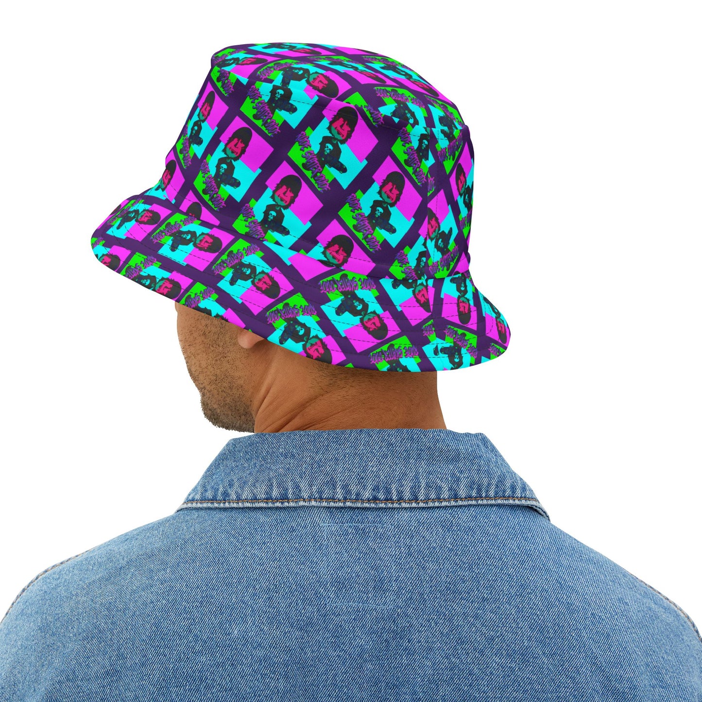 Rude Skater Dude Bucket Hat — Neon Pop Checkerboard Pattern