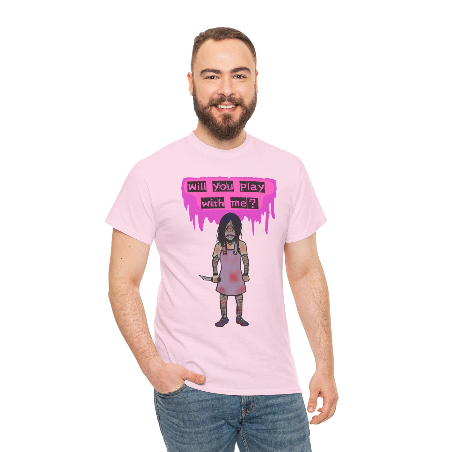 Playful Evil Doll Horror Graphic Tee, Unisex Heavy Cotton Shirt, Casual Wear, Unique Gift, Halloween Costume, Quirky Fashion