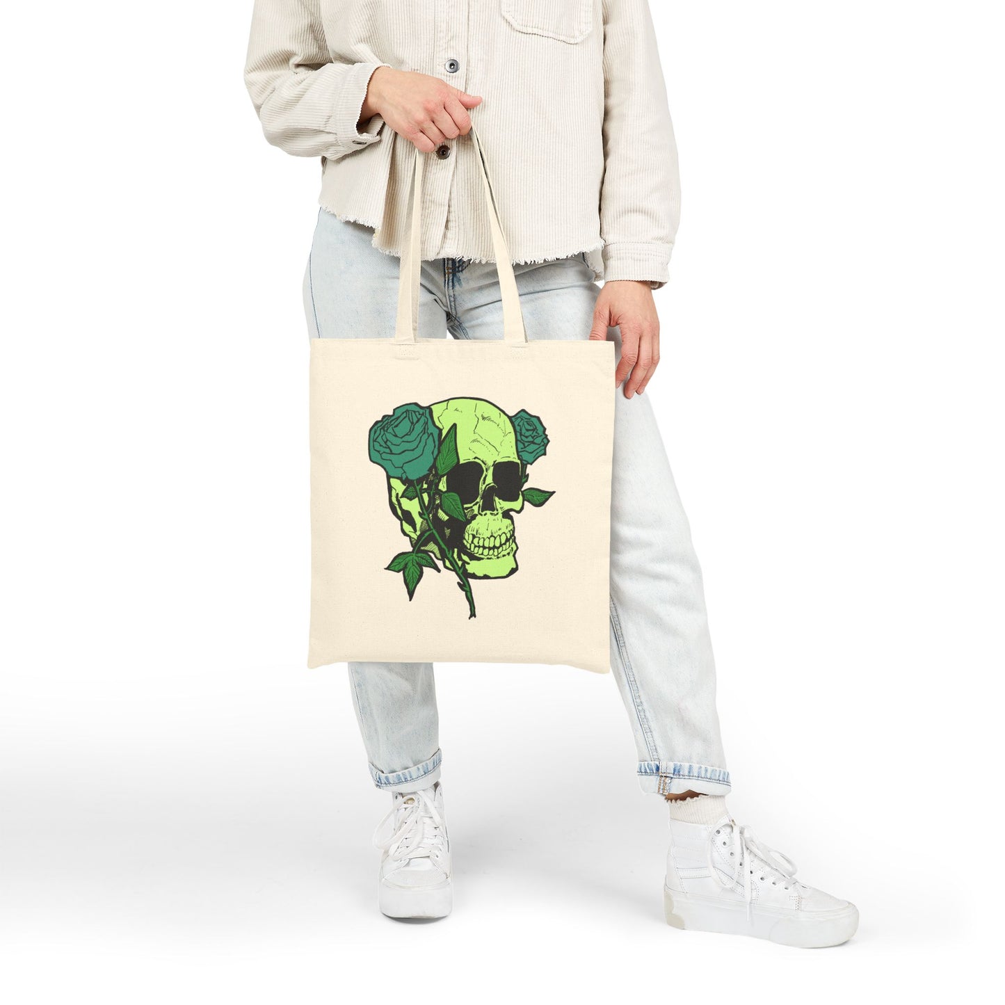 Green Skull & Roses Cotton Canvas Tote — Gothic Floral Reusable Bag