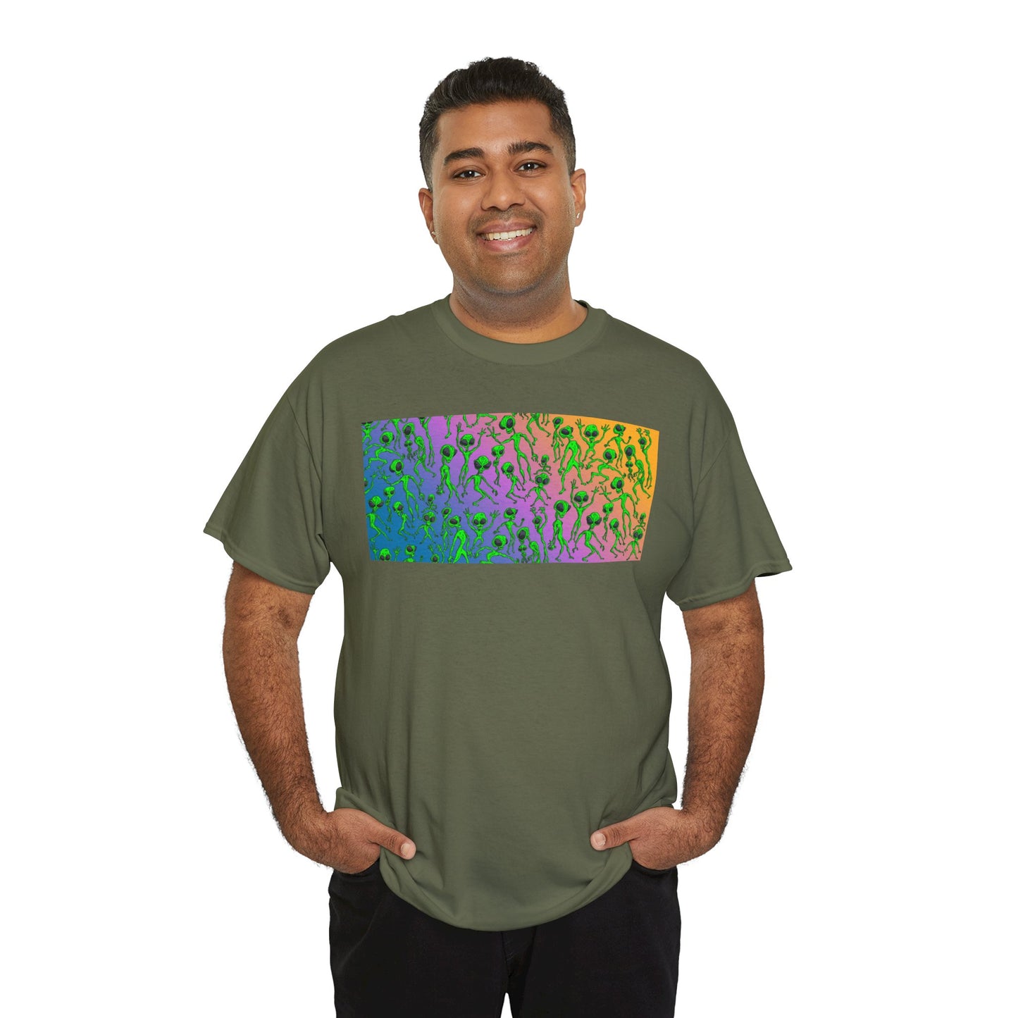 Alien Dance Party Gradient Tee — Colorful Psychedelic Green Aliens Art T-Shirt