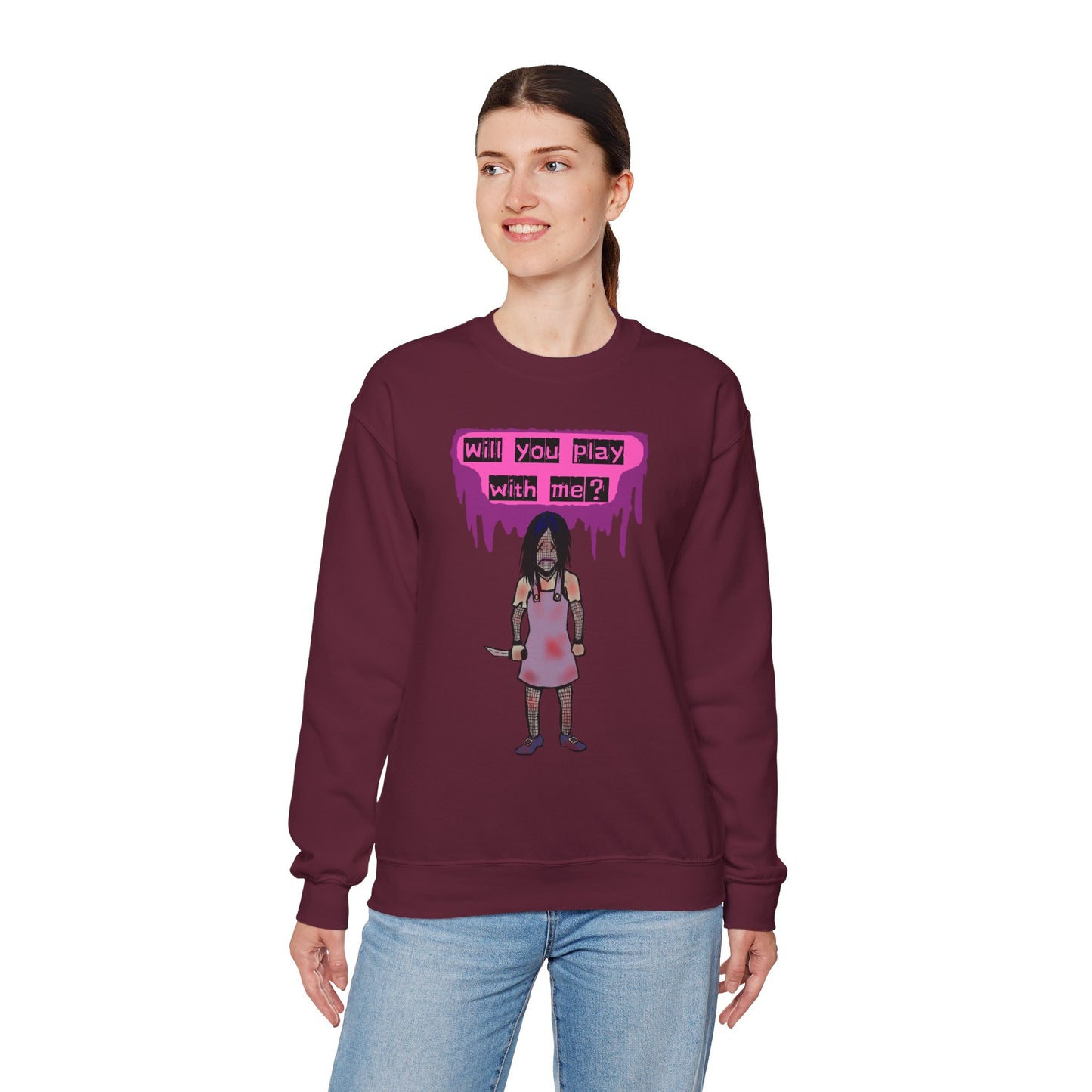 Evil Doll GHOSTLY VINTAGE UNISEX CREWNECK SWEATSHIRT - "Will You Play With Me?"