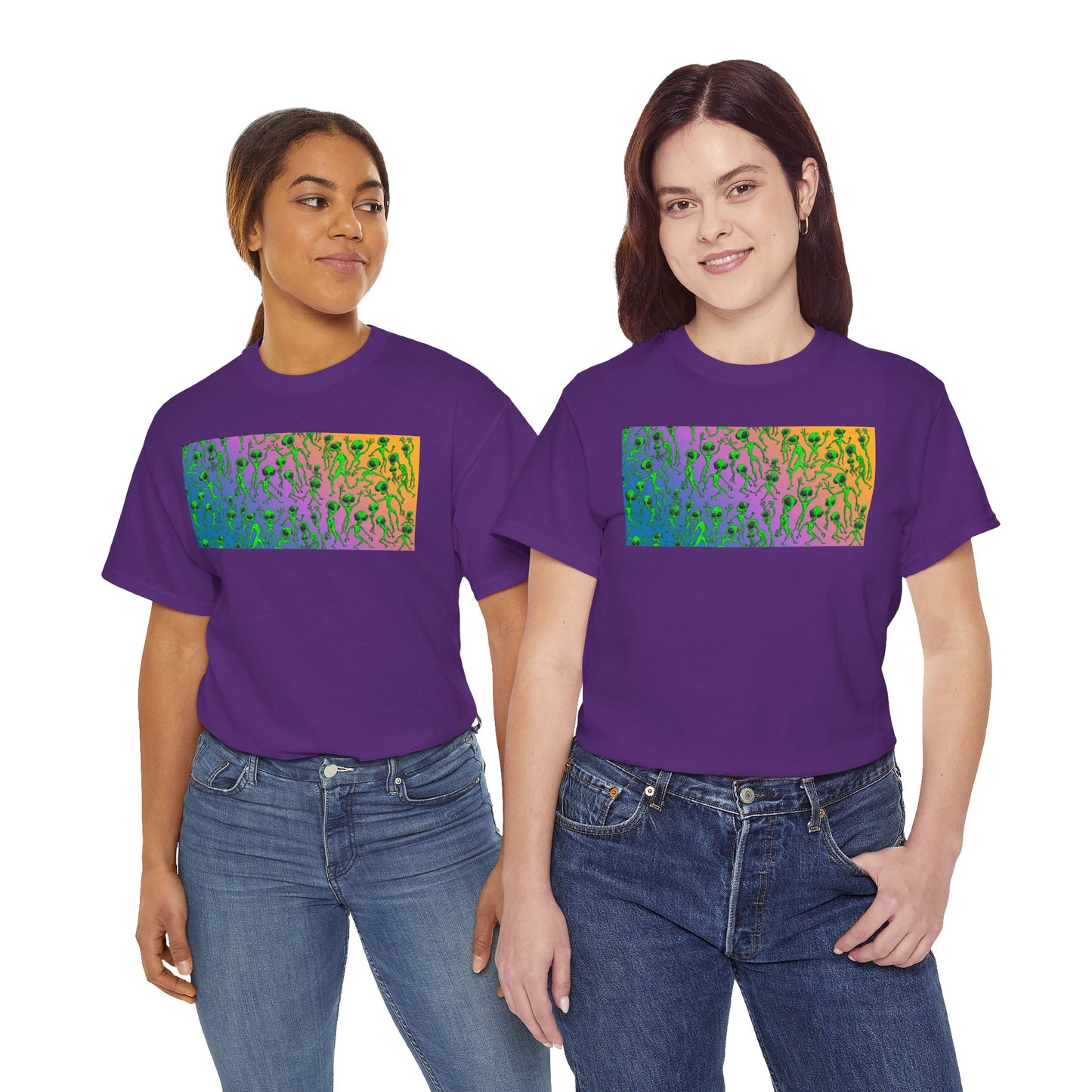 Alien Dance Party Gradient Tee — Colorful Psychedelic Green Aliens Art T-Shirt