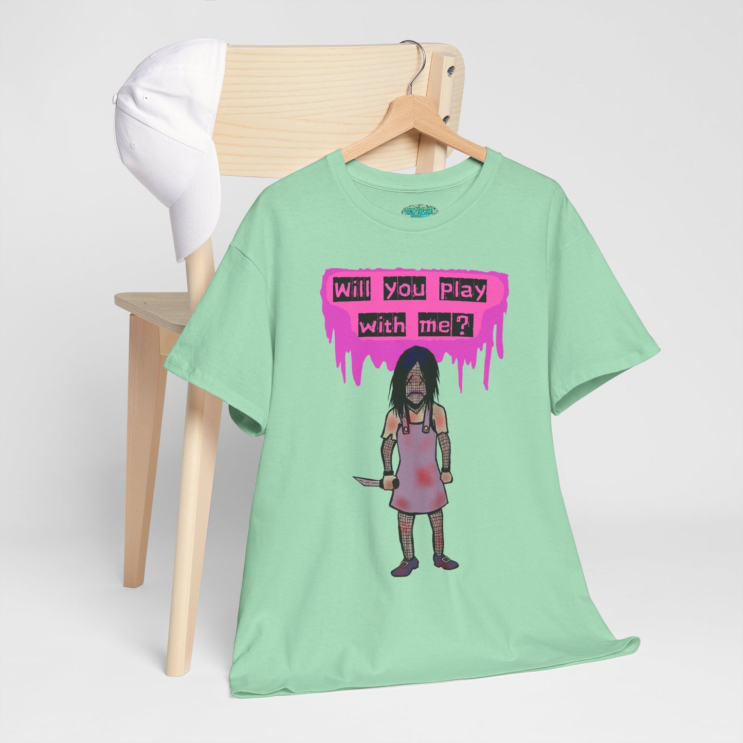 Playful Evil Doll Horror Graphic Tee, Unisex Heavy Cotton Shirt, Casual Wear, Unique Gift, Halloween Costume, Quirky Fashion