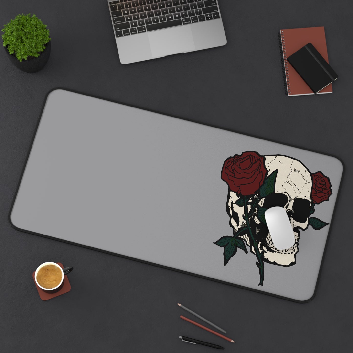 Gothic Skull Rose Desk Mat - Stylish Gaming/Office Accessory