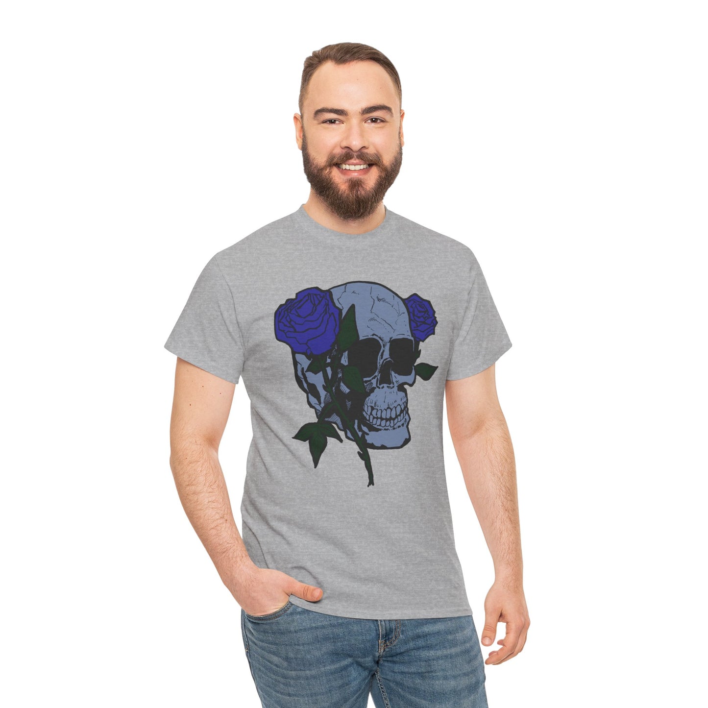 Unisex Heavy Cotton Tee with Skull and Rose Design - Edgy Streetwear Top