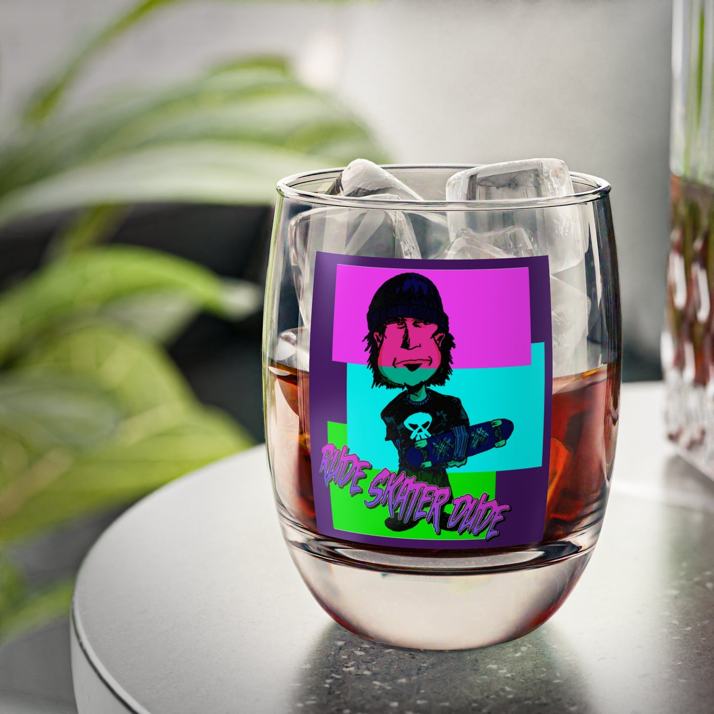 Retro Skateboarder Whiskey Glass – Neon Punk 'Rude Skater Dude' Rocks Glass