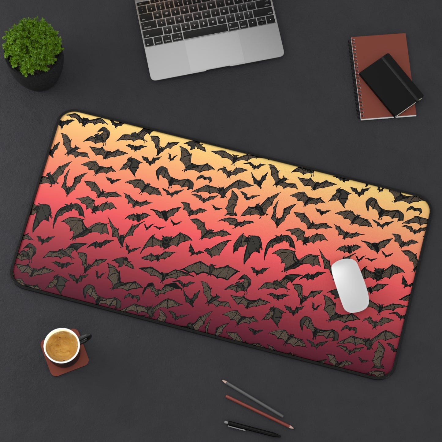 Bat Swarm Dusk Desk Mat — Orange to Red Gradient Mouse Pad