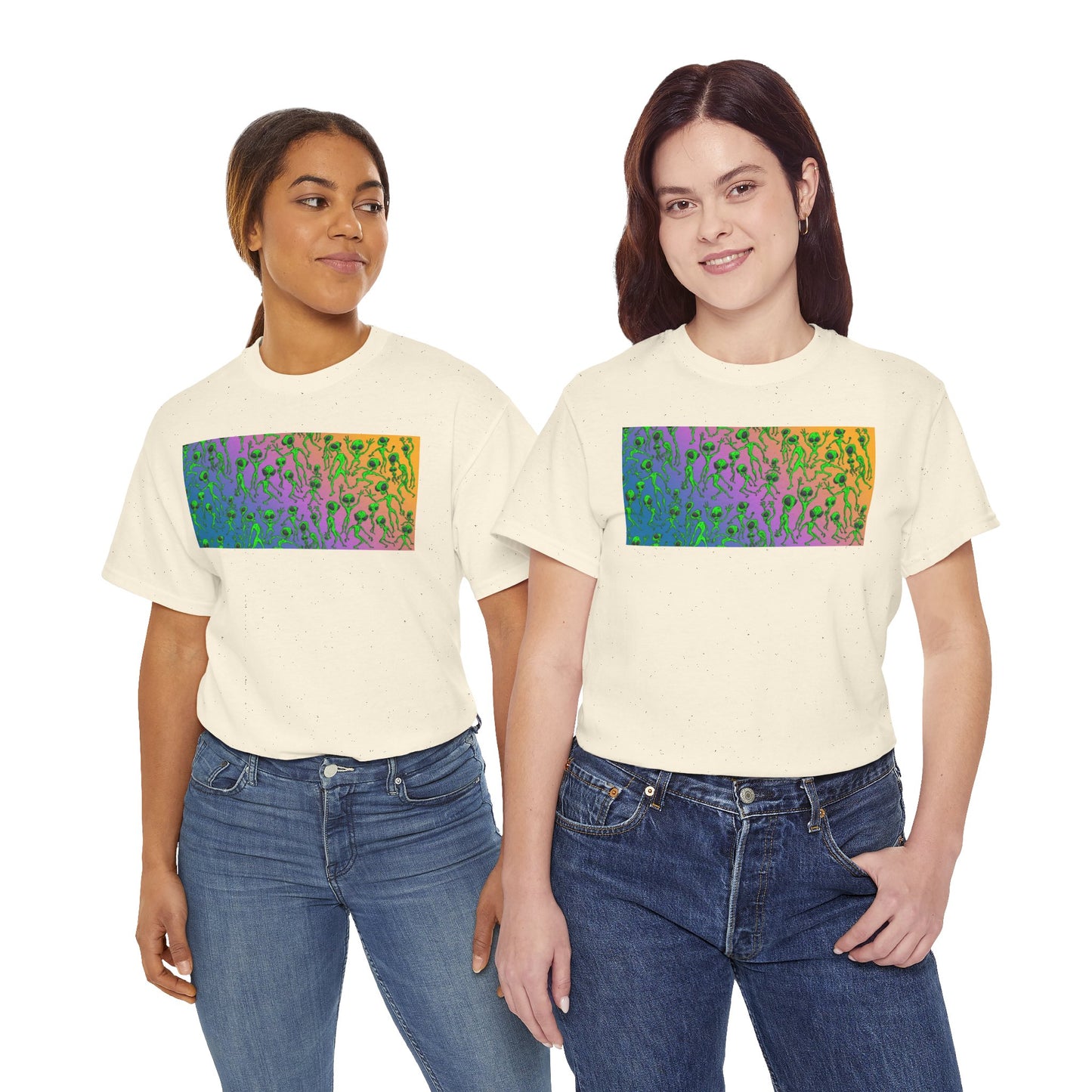 Alien Dance Party Gradient Tee — Colorful Psychedelic Green Aliens Art T-Shirt