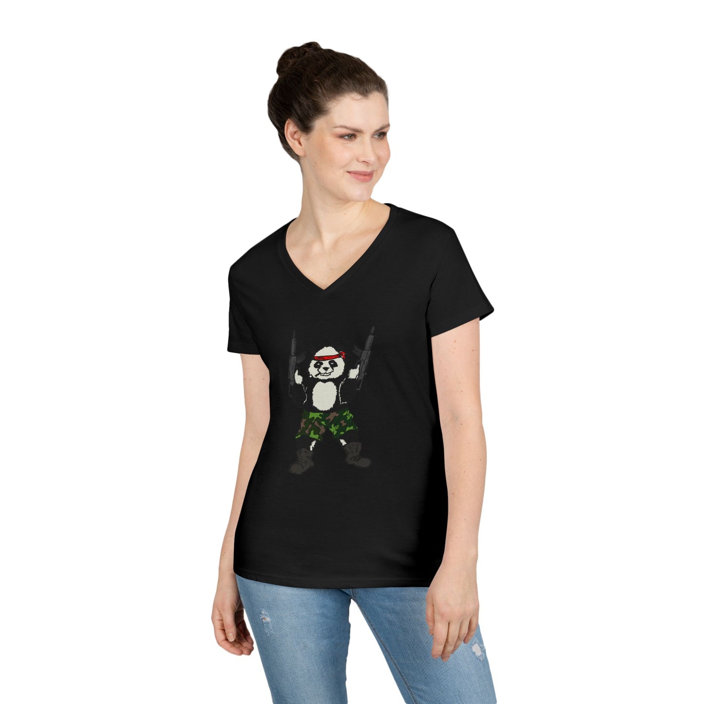 Ladies' V-Neck T-Shirt - Cool Panda with Guns Graphic Tee