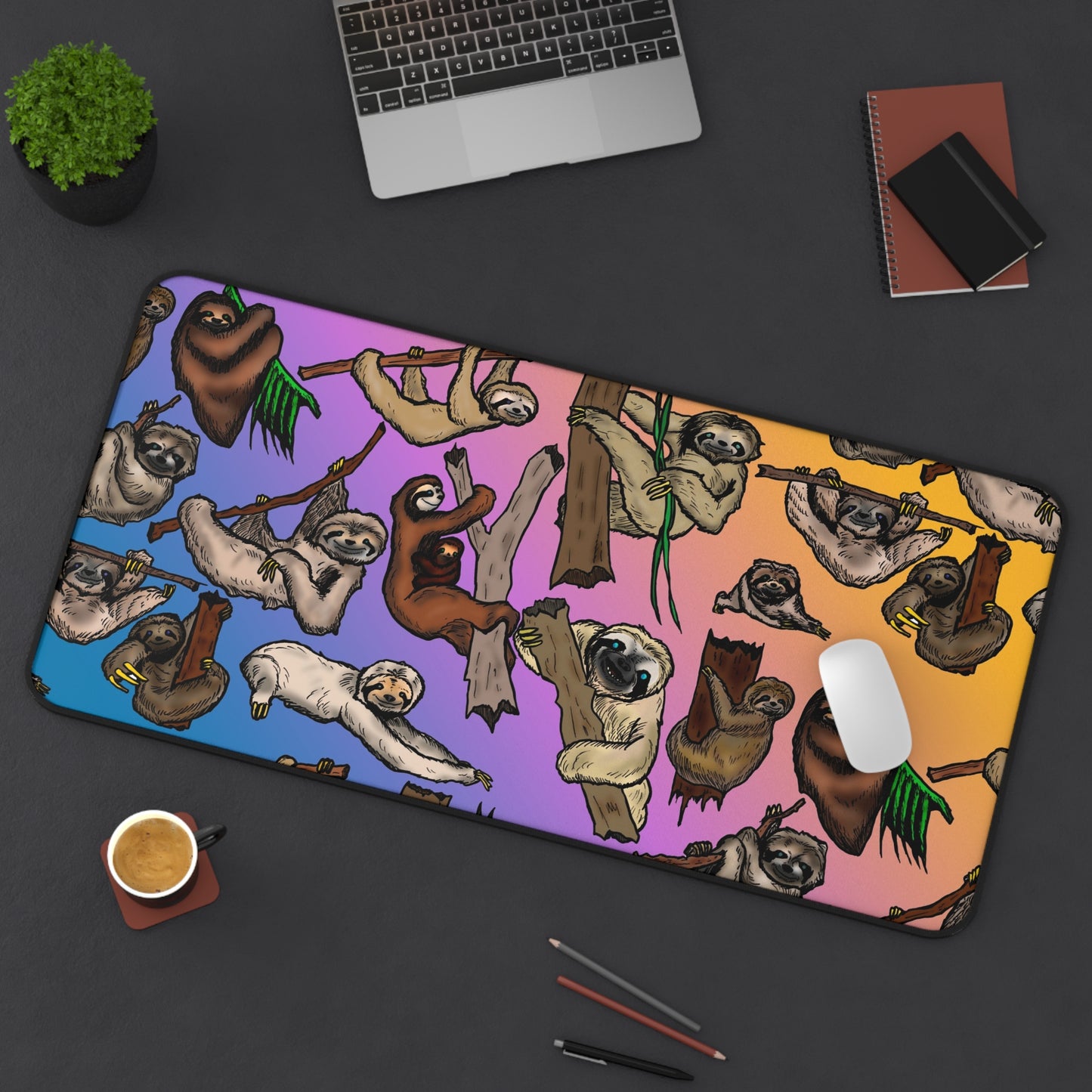 Colorful Sloth Pattern Desk Mat — Rainbow Gradient Mouse Pad for Cute Workspaces