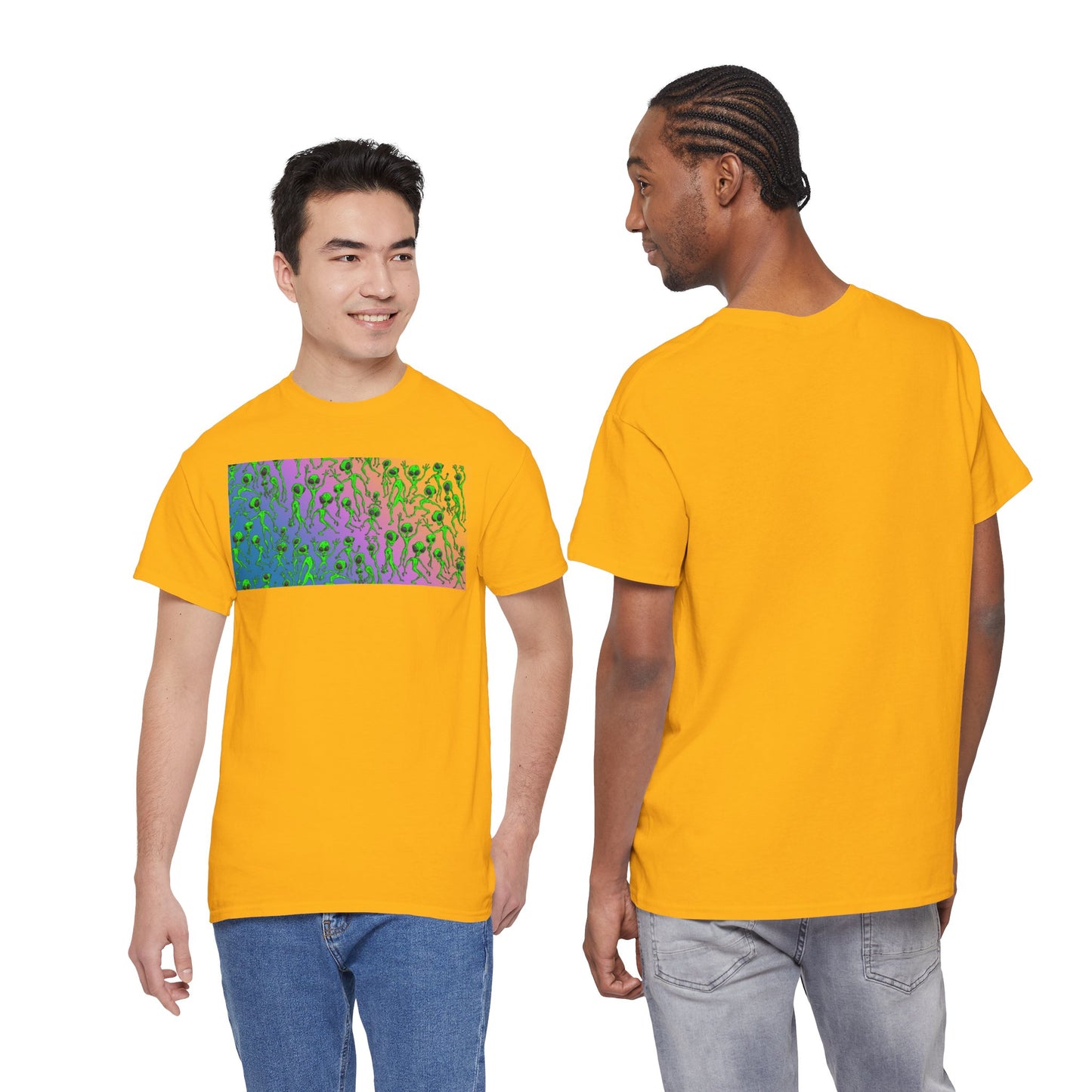 Alien Dance Party Gradient Tee — Colorful Psychedelic Green Aliens Art T-Shirt