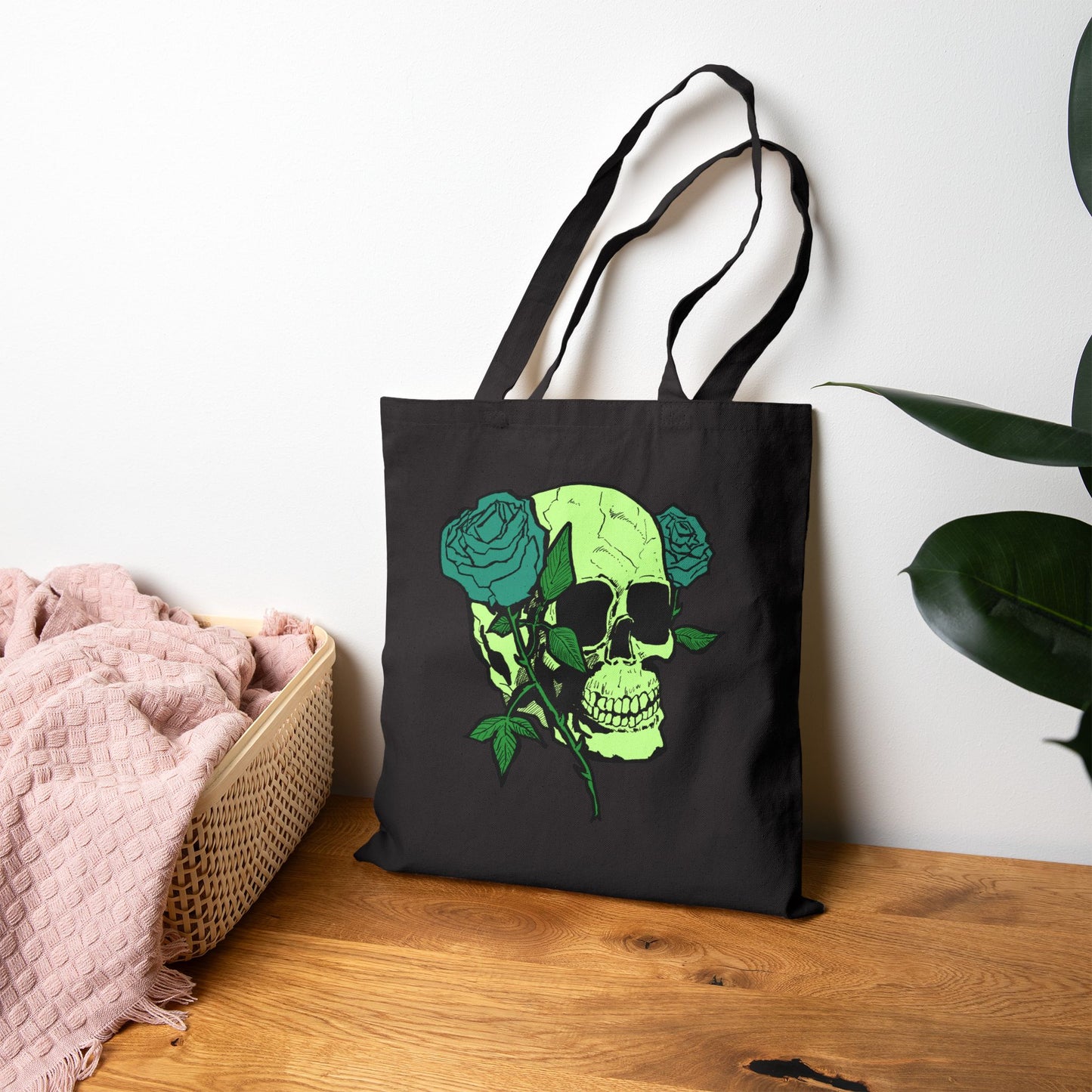 Green Skull & Roses Cotton Canvas Tote — Gothic Floral Reusable Bag