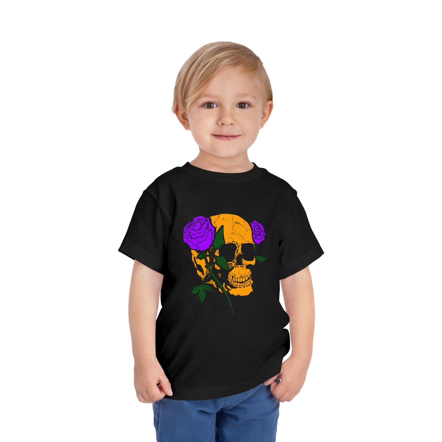 Toddler Tee — Orange Skull with Purple Roses Graphic