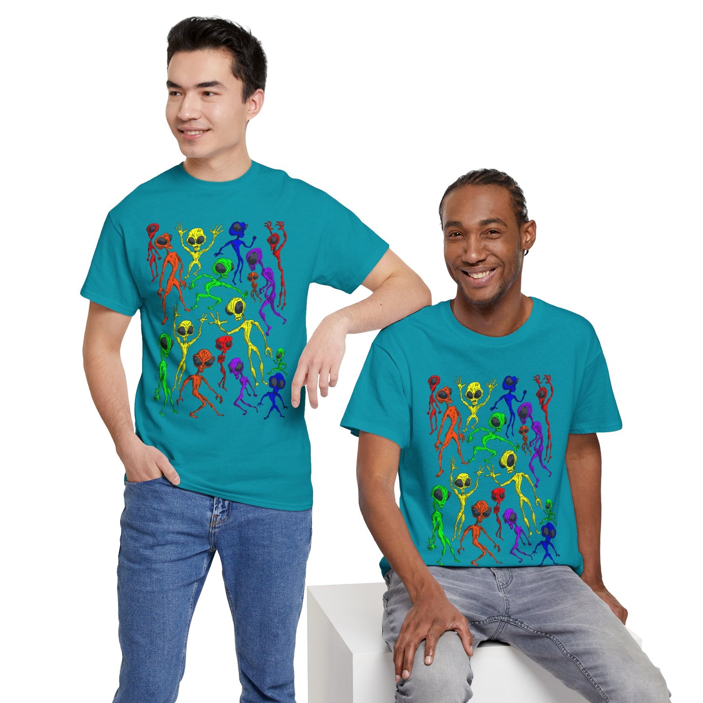 Rainbow Alien Dance Party Unisex Tee - Cosmic Sci-Fi Shirt