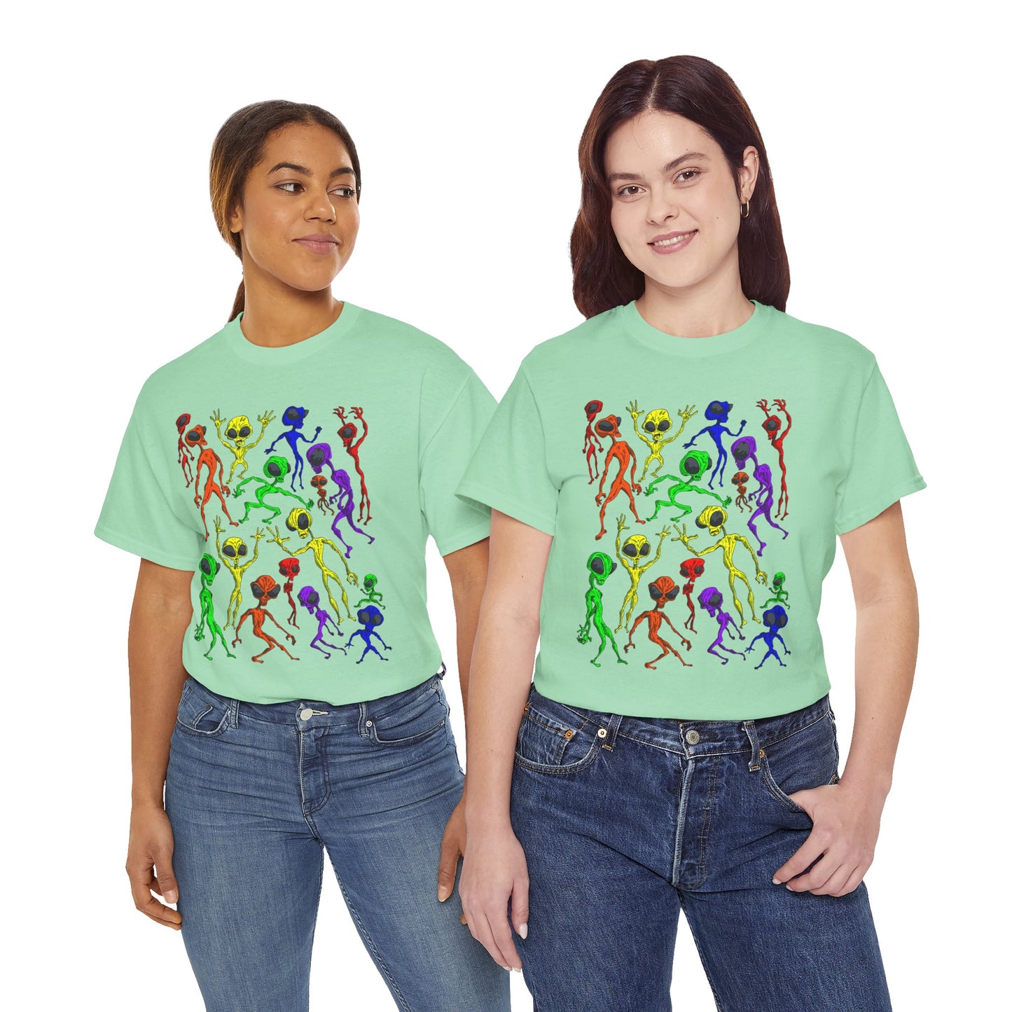 Rainbow Alien Dance Party Unisex Tee - Cosmic Sci-Fi Shirt