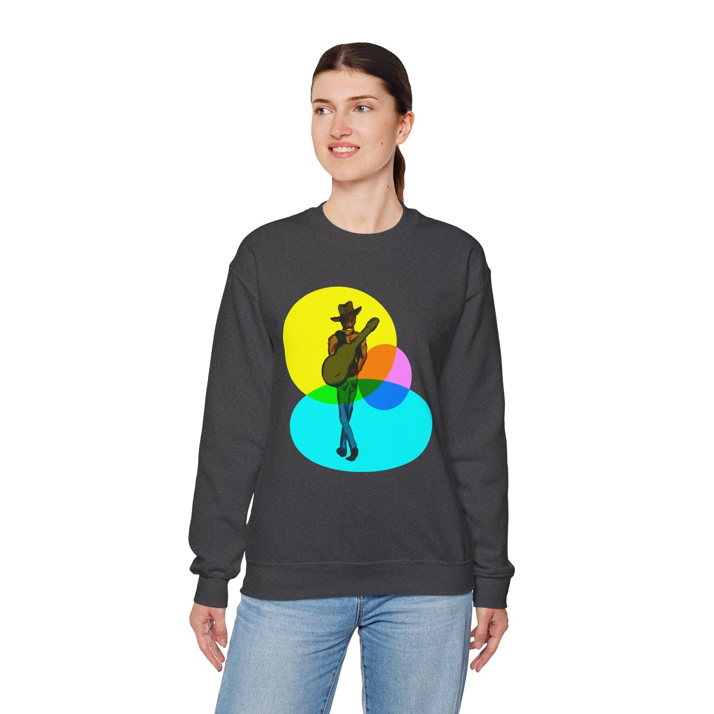 Cowboy Guitarist Graphic Sweatshirt — Retro Color Spot Music Pullover