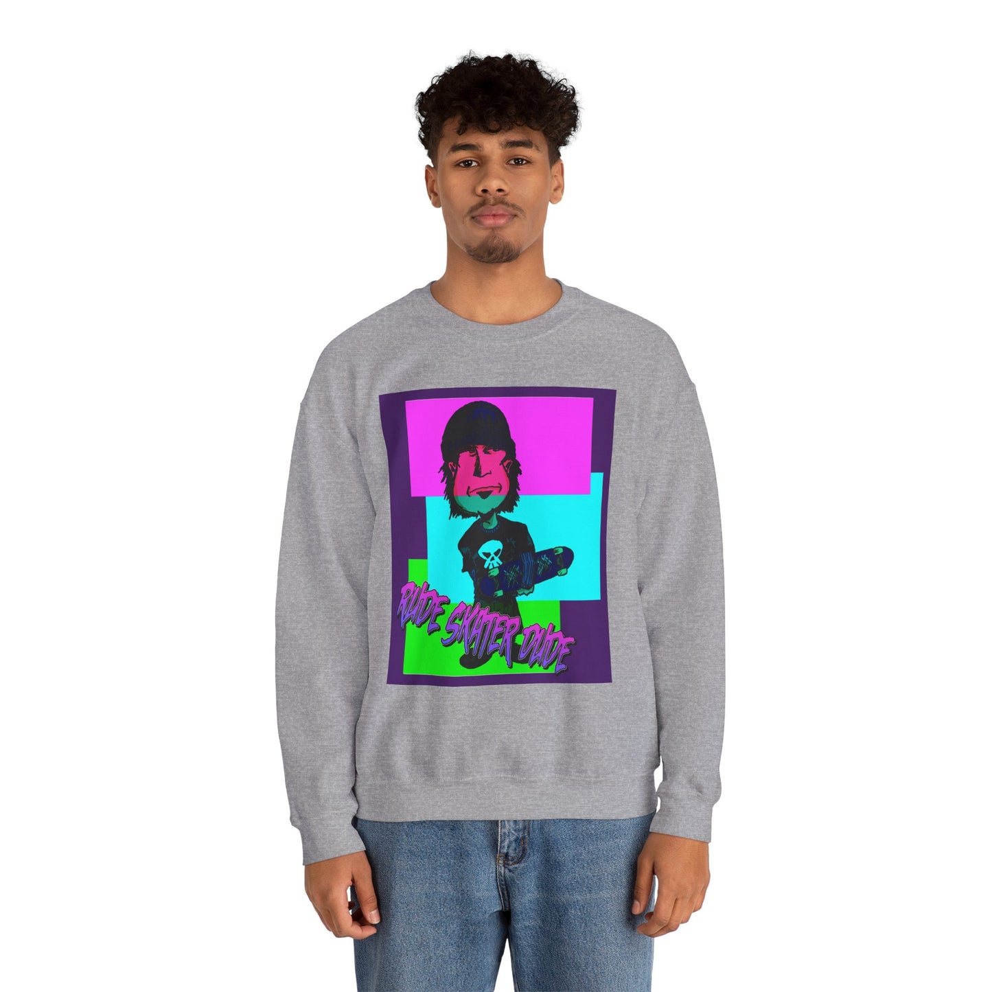Crewneck Sweatshirt — Retro Neon Skate Punk "Rude Skater Dude" Graphic