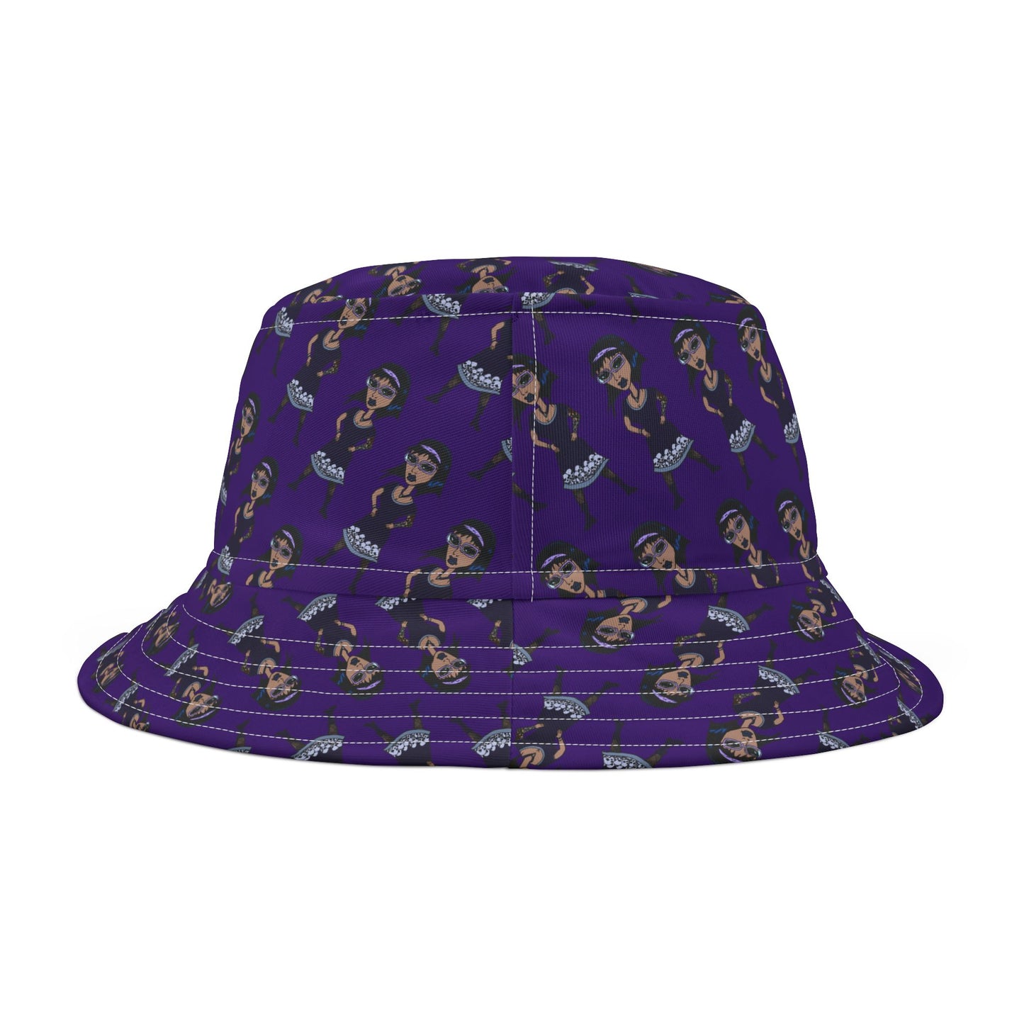 Purple Retro Goth Girl Pattern Bucket Hat — All-Over Print Fashion Accessory