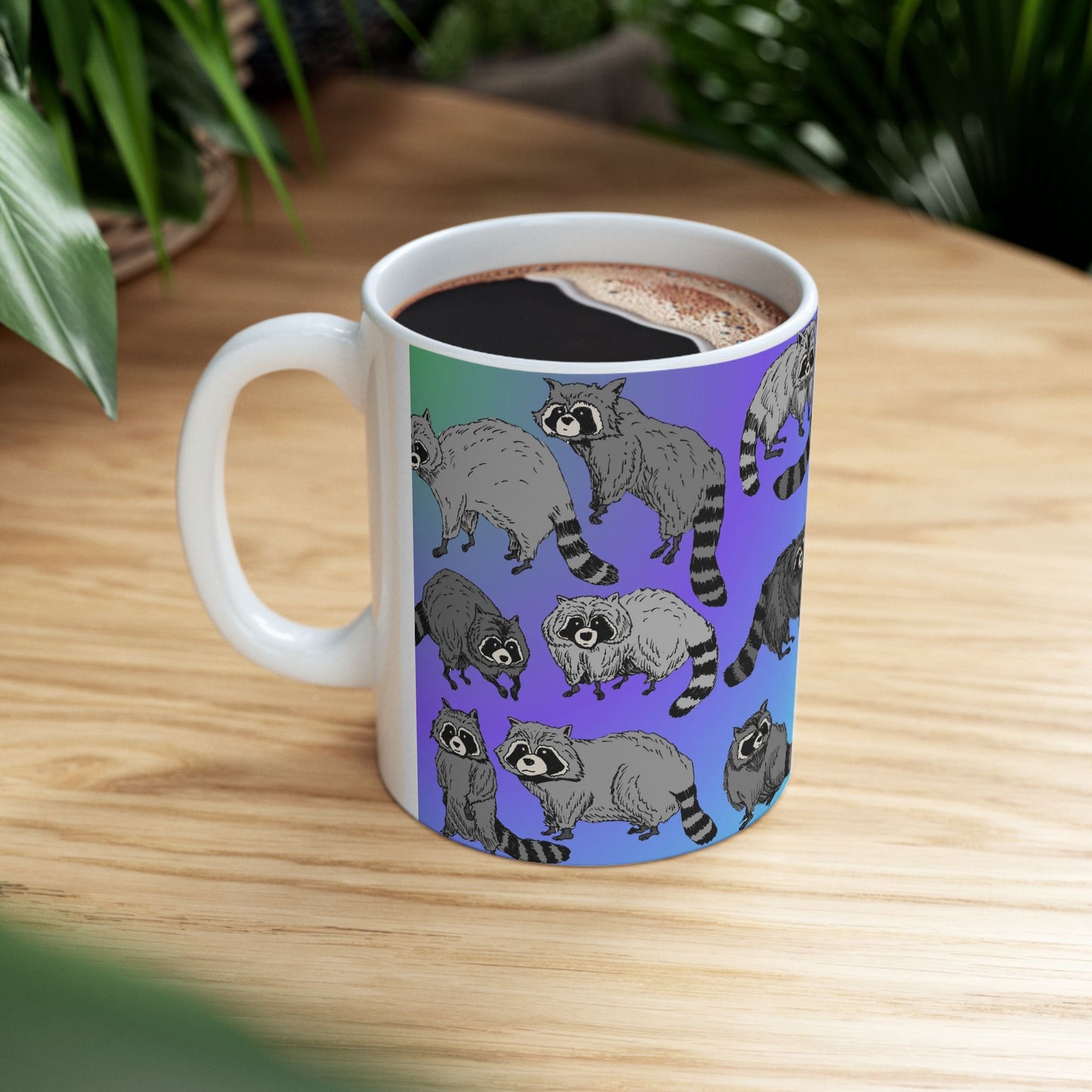 Raccoon Pattern Ceramic Mug — Cute Cartoon Raccoons on Gradient Background (11oz, 15oz)