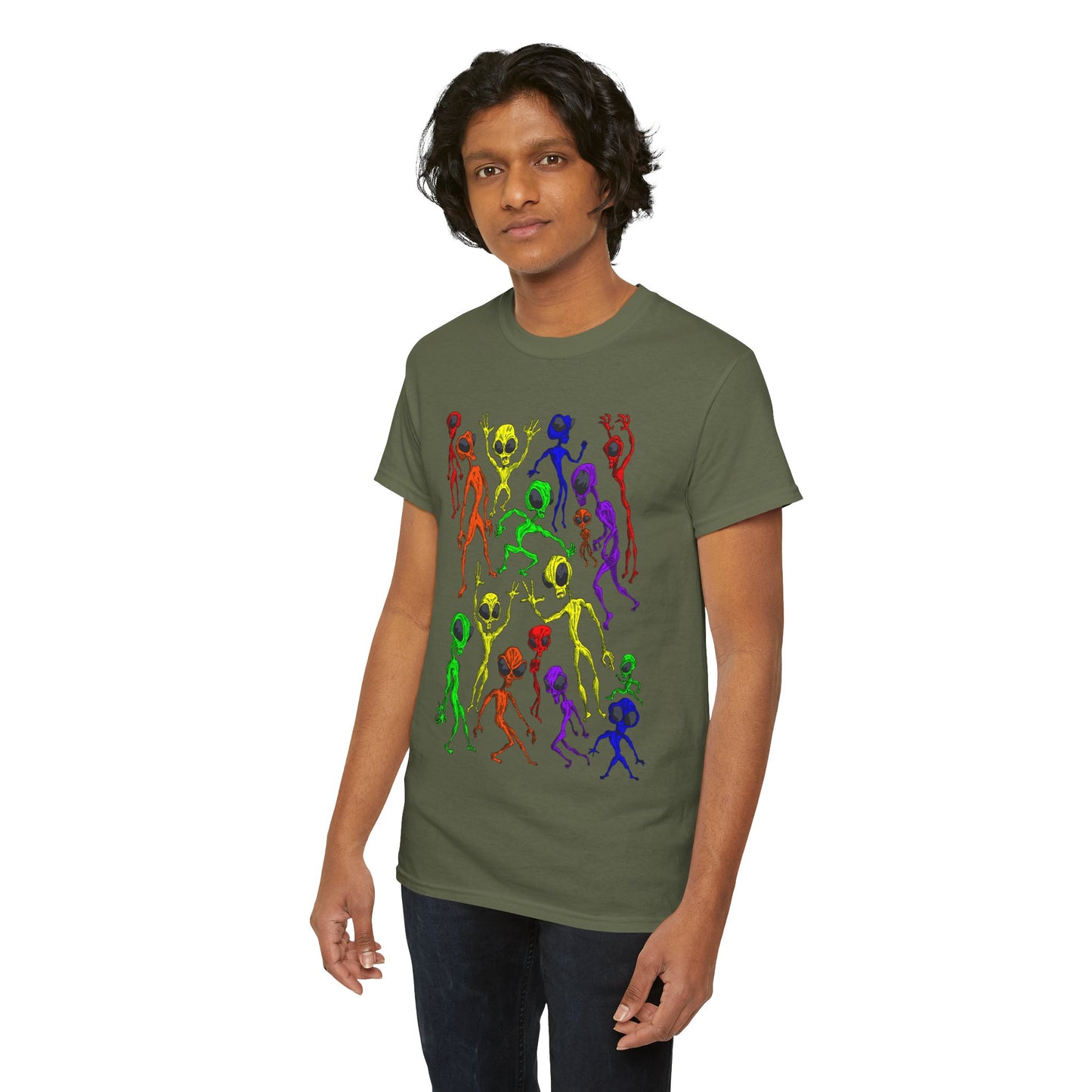 Rainbow Alien Dance Party Unisex Tee - Cosmic Sci-Fi Shirt