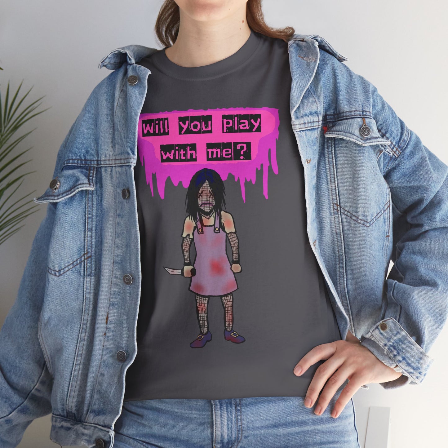 Playful Evil Doll Horror Graphic Tee, Unisex Heavy Cotton Shirt, Casual Wear, Unique Gift, Halloween Costume, Quirky Fashion