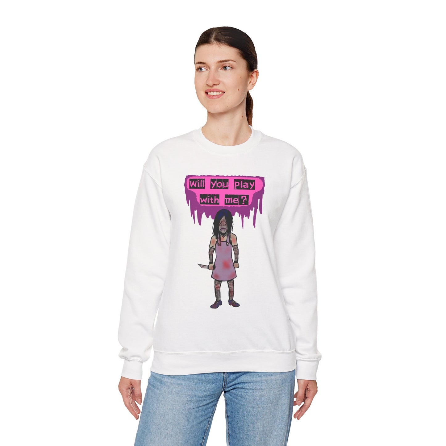 Evil Doll GHOSTLY VINTAGE UNISEX CREWNECK SWEATSHIRT - "Will You Play With Me?"