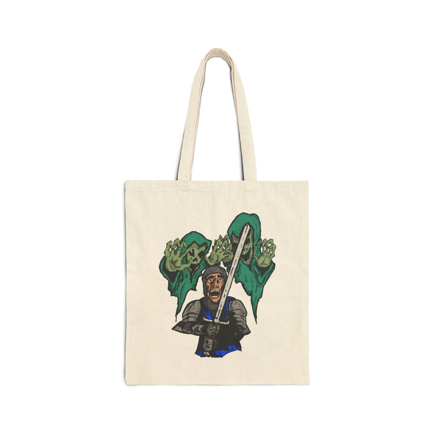Knight Fright Graphic Canvas Tote — Warrior with Sword & Wraiths Design