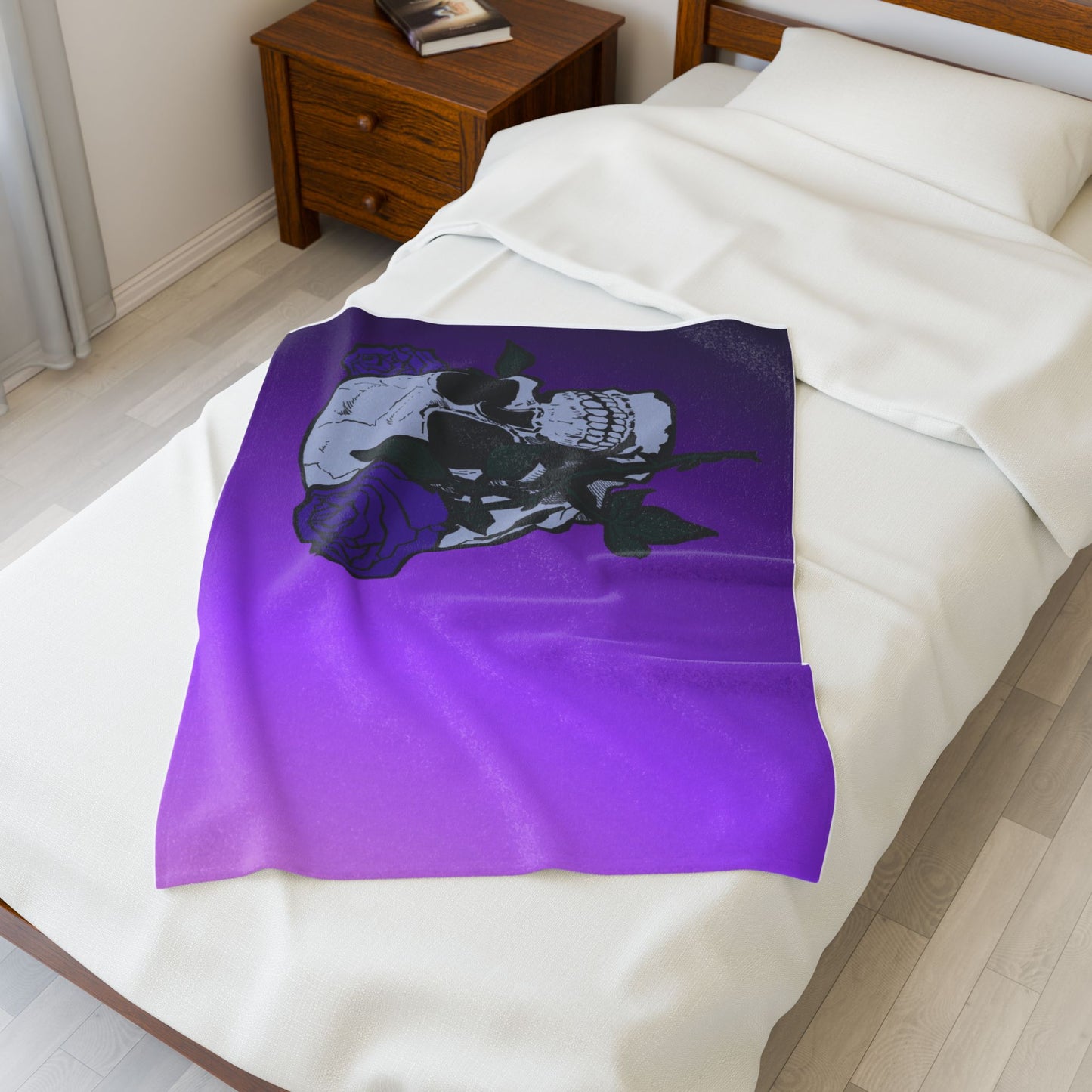 Purple Skull & Roses Velveteen Plush Blanket – Gothic Floral Throw