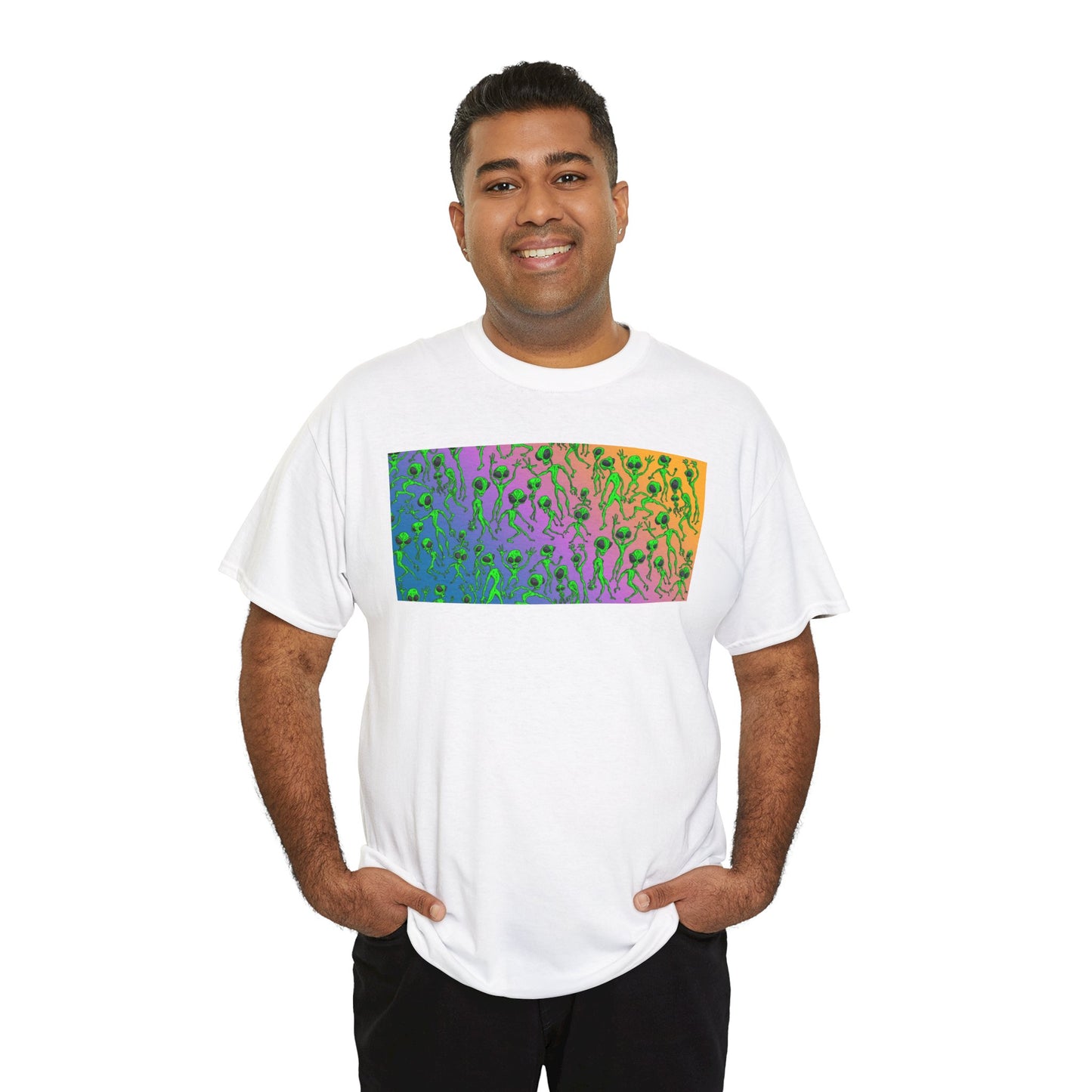 Alien Dance Party Gradient Tee — Colorful Psychedelic Green Aliens Art T-Shirt