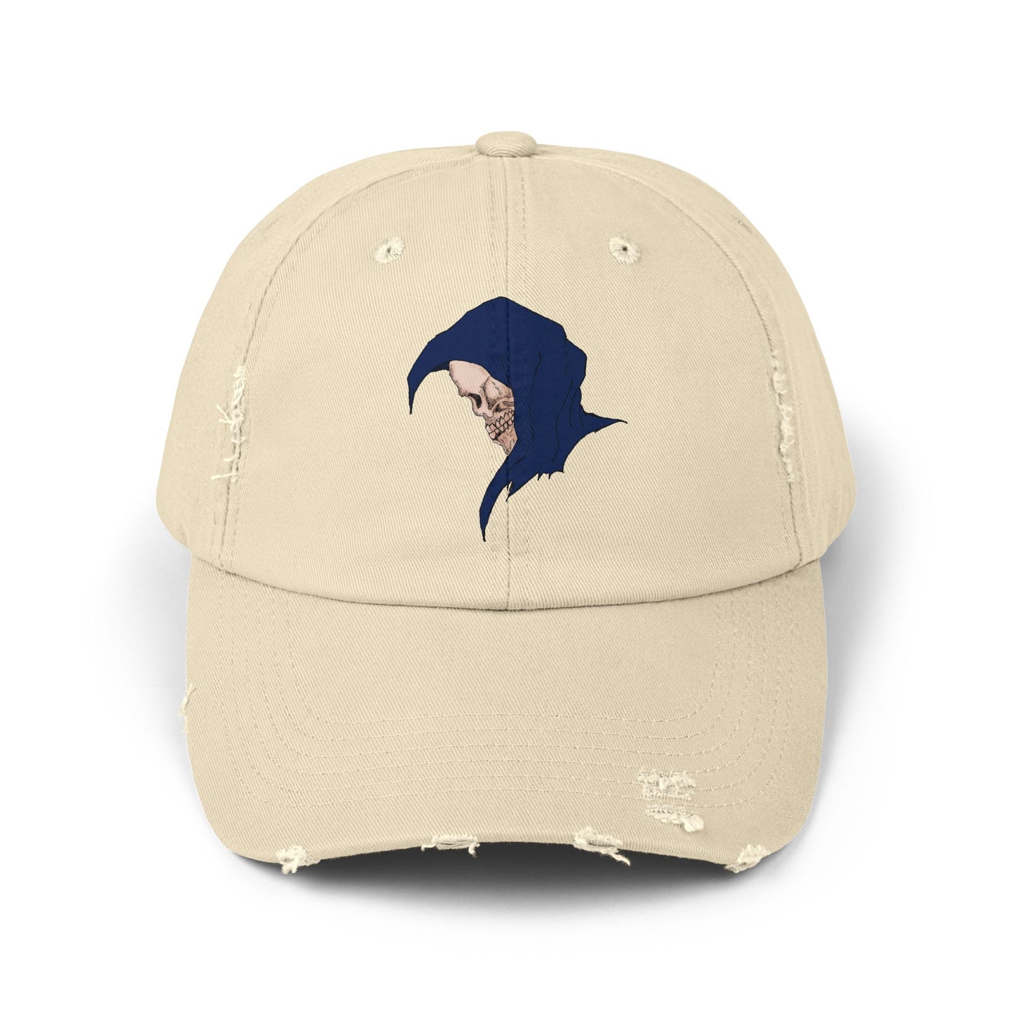 Distressed Cap with Grim Reaper Design