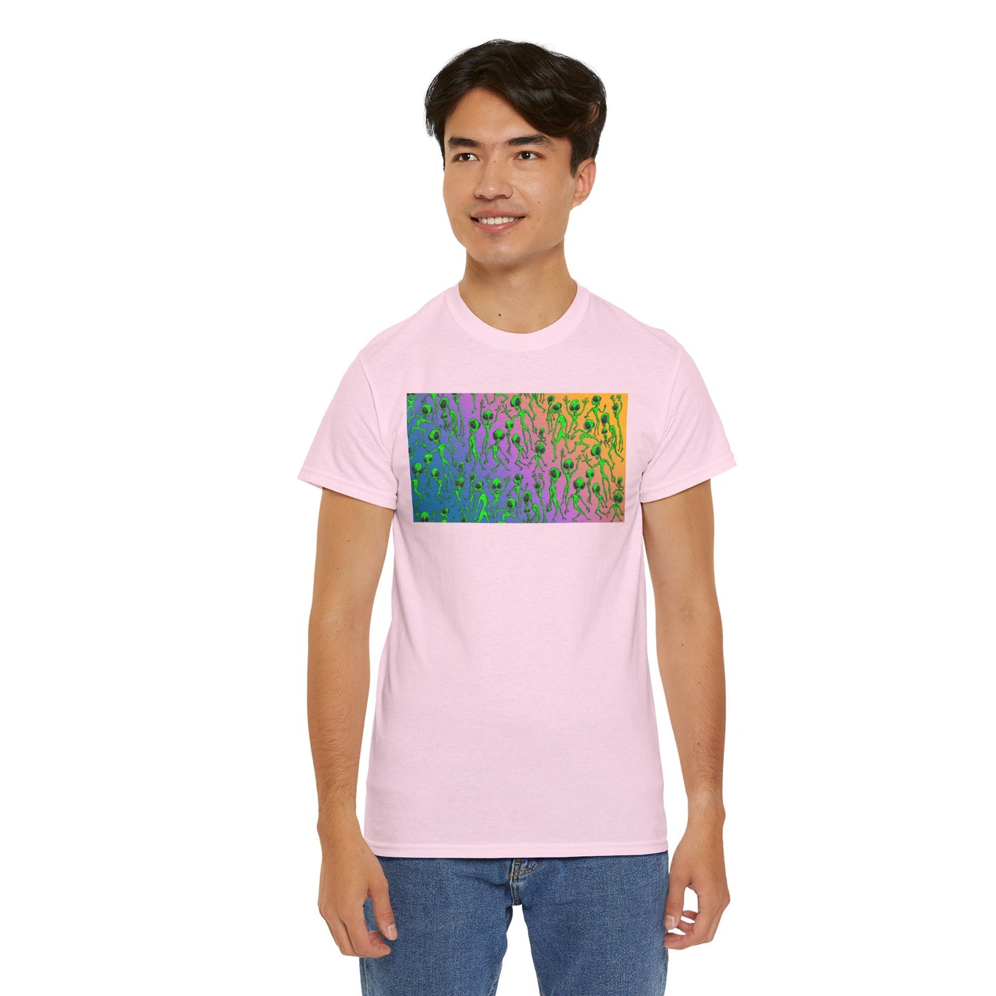 Alien Dance Party Gradient Tee — Colorful Psychedelic Green Aliens Art T-Shirt