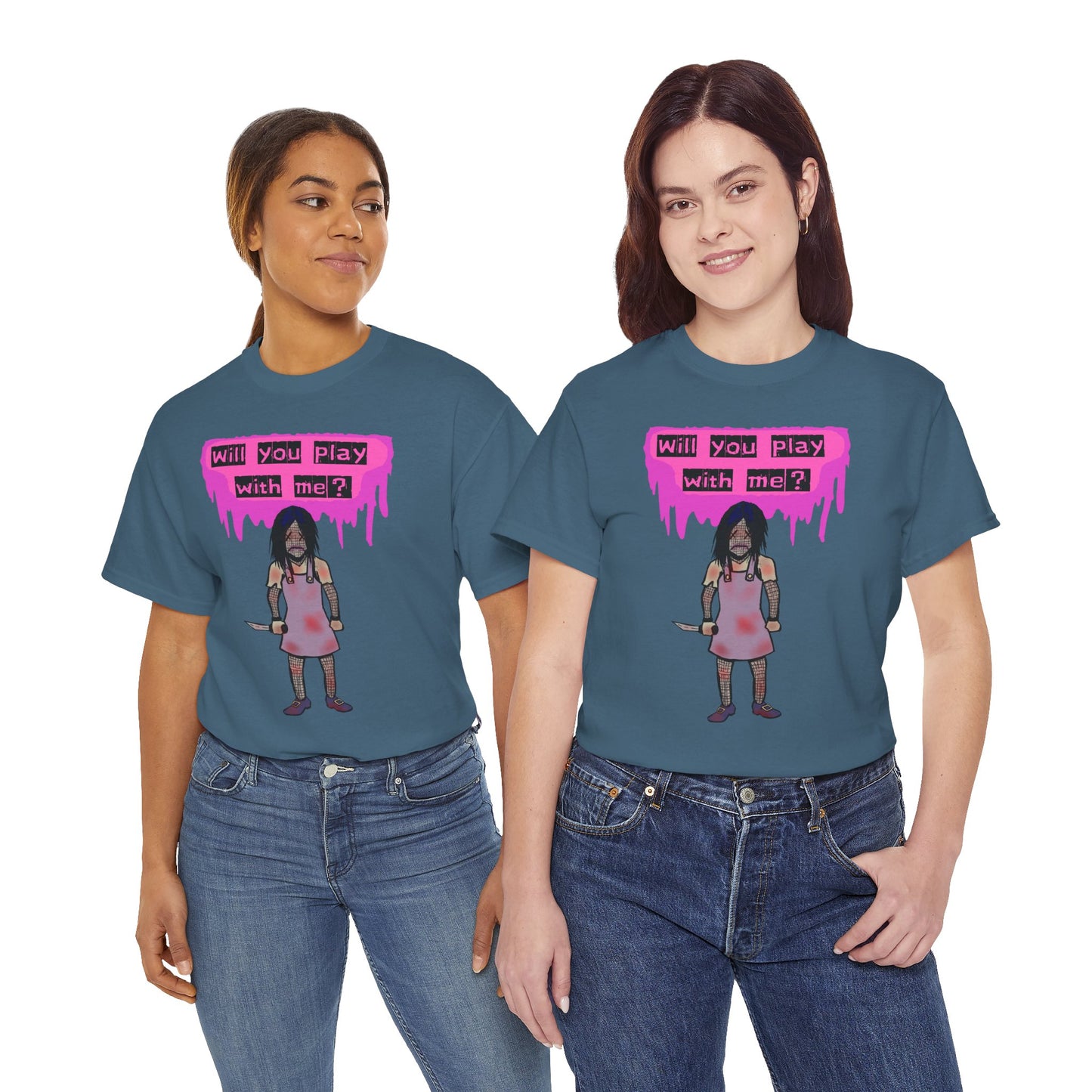 Playful Evil Doll Horror Graphic Tee, Unisex Heavy Cotton Shirt, Casual Wear, Unique Gift, Halloween Costume, Quirky Fashion