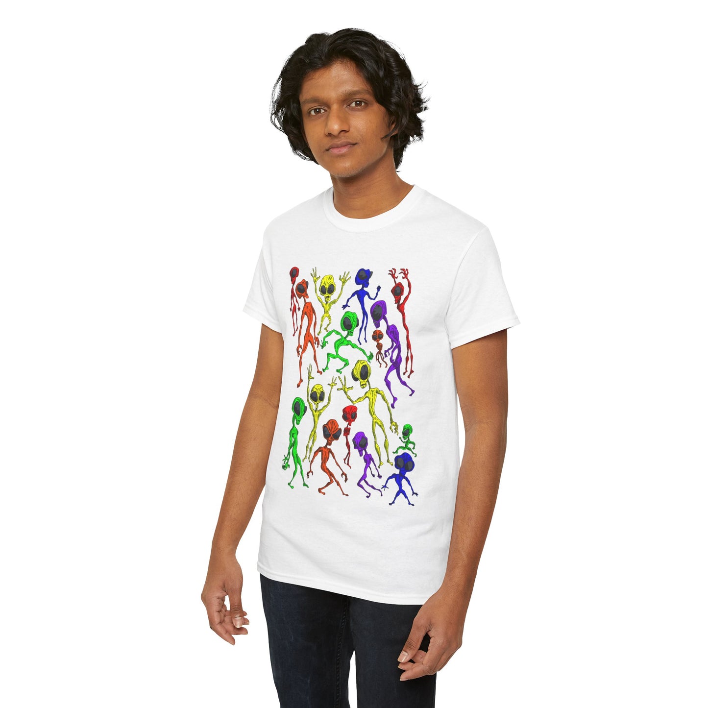 Rainbow Alien Dance Party Unisex Tee - Cosmic Sci-Fi Shirt