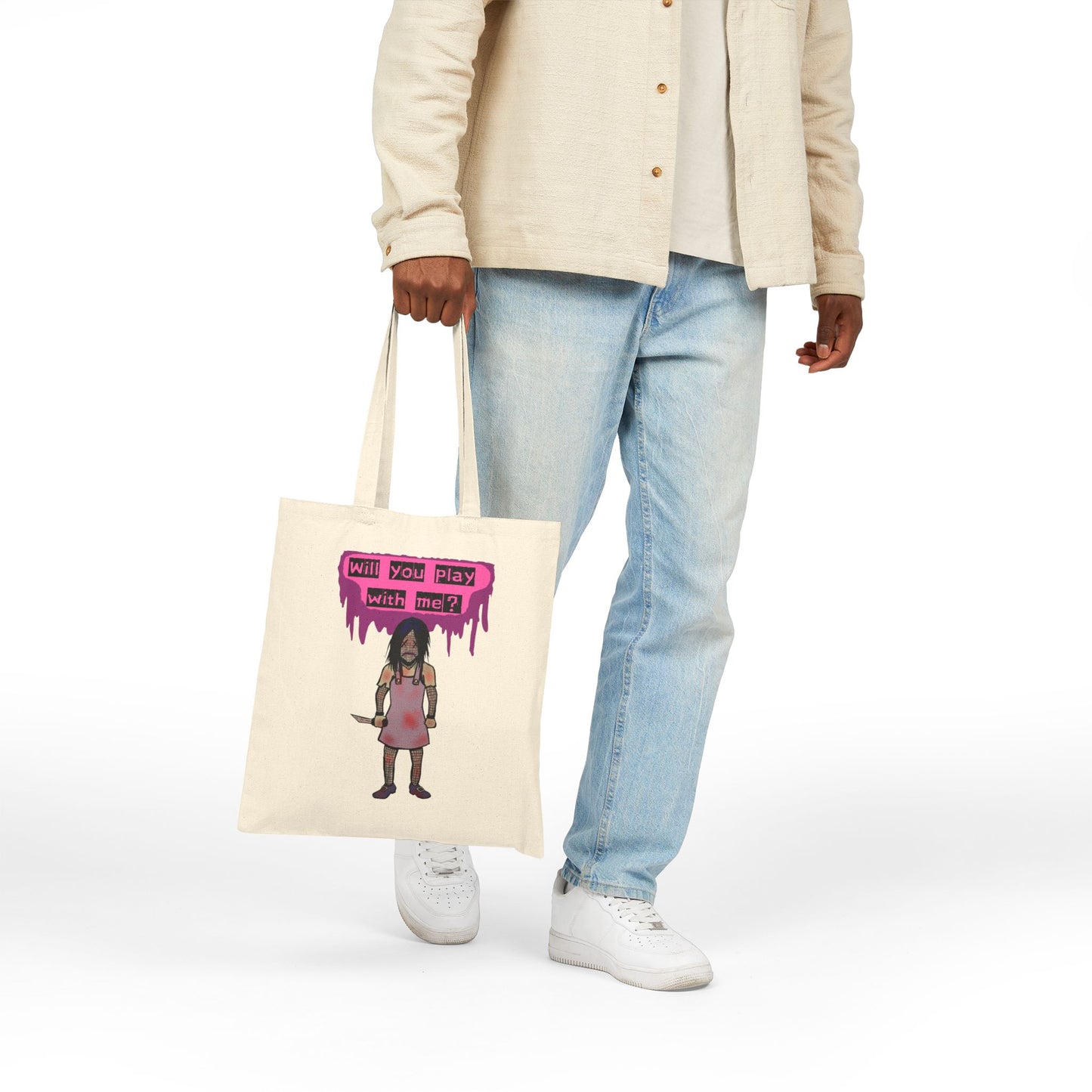 Tote Bag — 'Will You Play With Me?' Horror Creepy Doll Canvas Tote