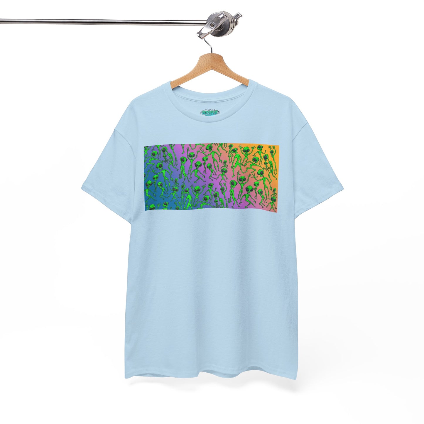 Alien Dance Party Gradient Tee — Colorful Psychedelic Green Aliens Art T-Shirt