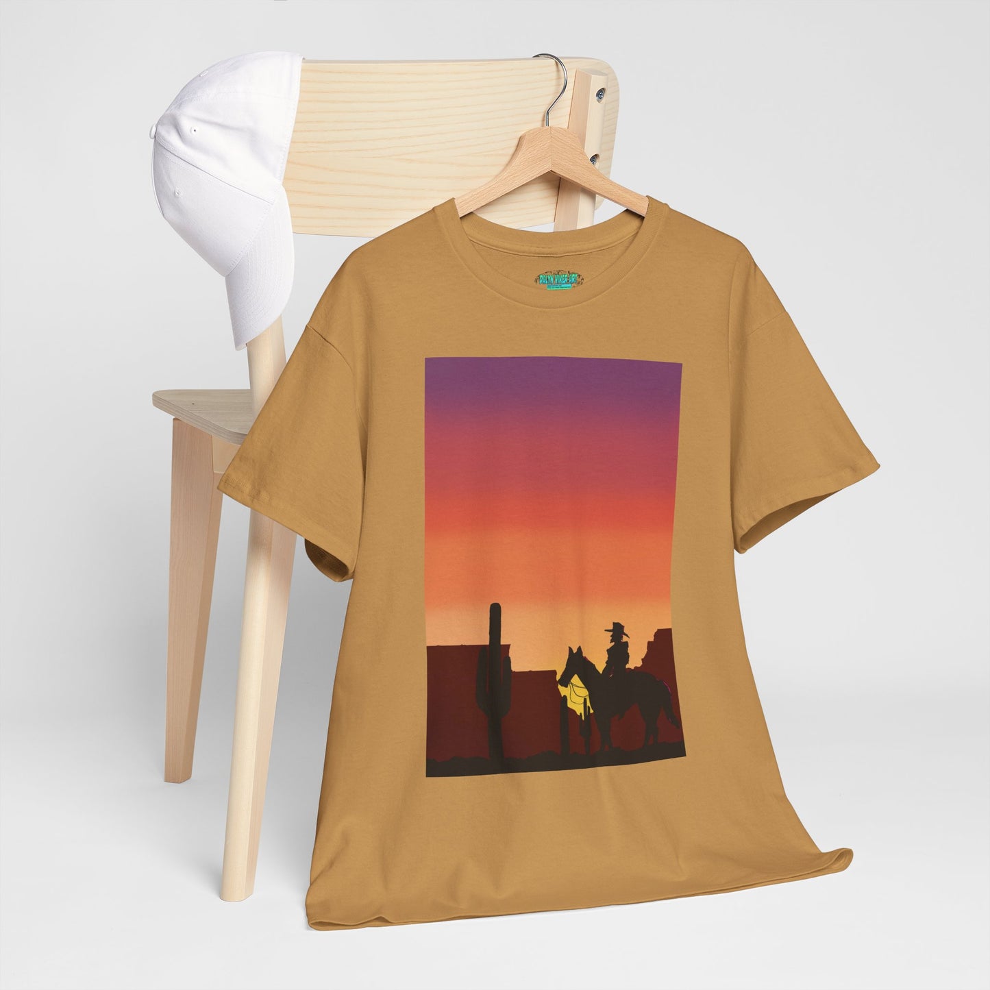 Sunset Cowboy Unisex Heavy Cotton Tee - Western Graphic Tee for Nature Lovers