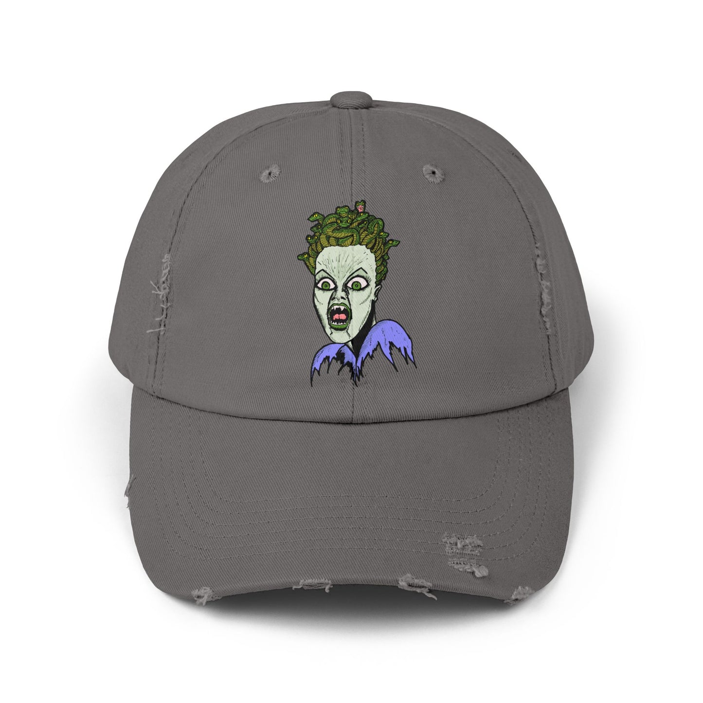 Medusa Unisex Distressed Cap with Eerie Design, Casual Hat, Halloween Accessory, Statement Cap, Gift for Horror Fans, Trendy Distressed Hat