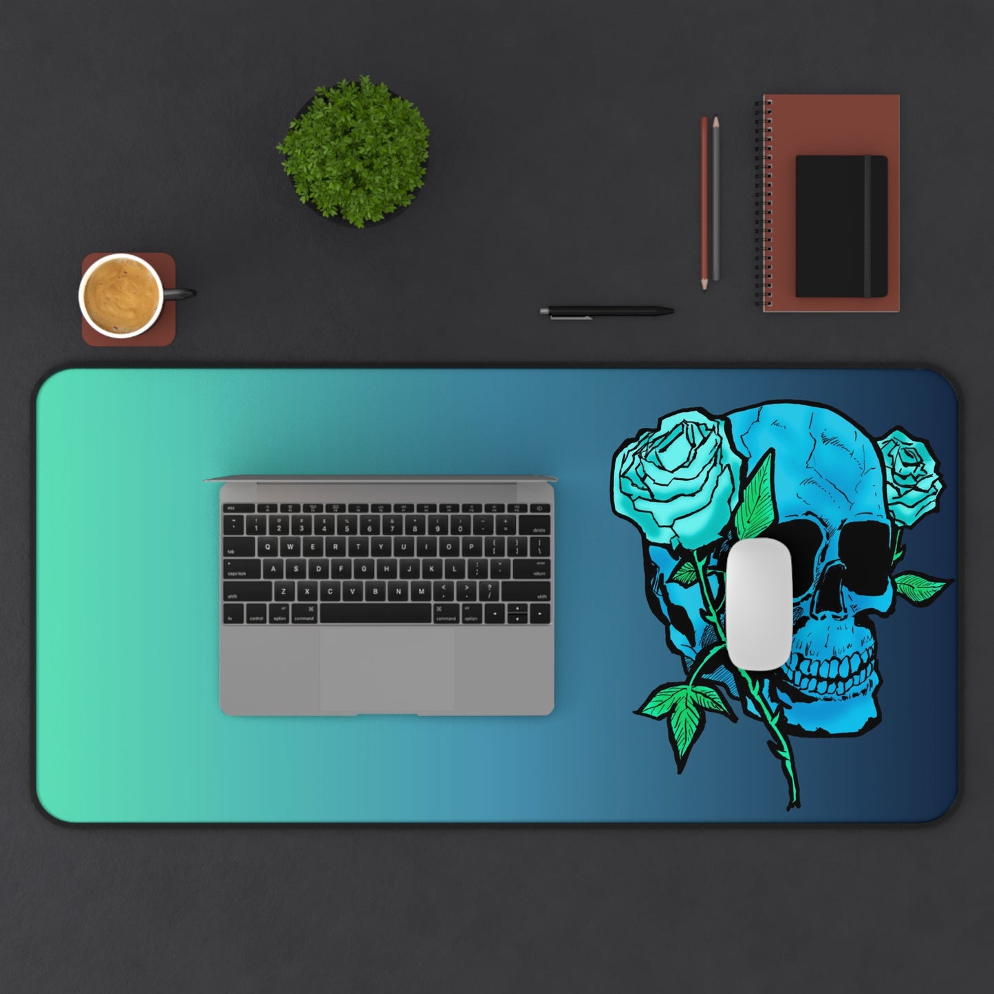 Aqua Skull & Rose Desk Mat — Gradient Gaming Mouse Pad