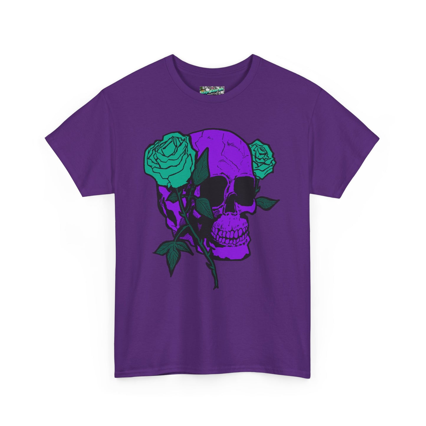 Skull & Rose Tee — Purple Skull with Turquoise Roses Graphic T-Shirt